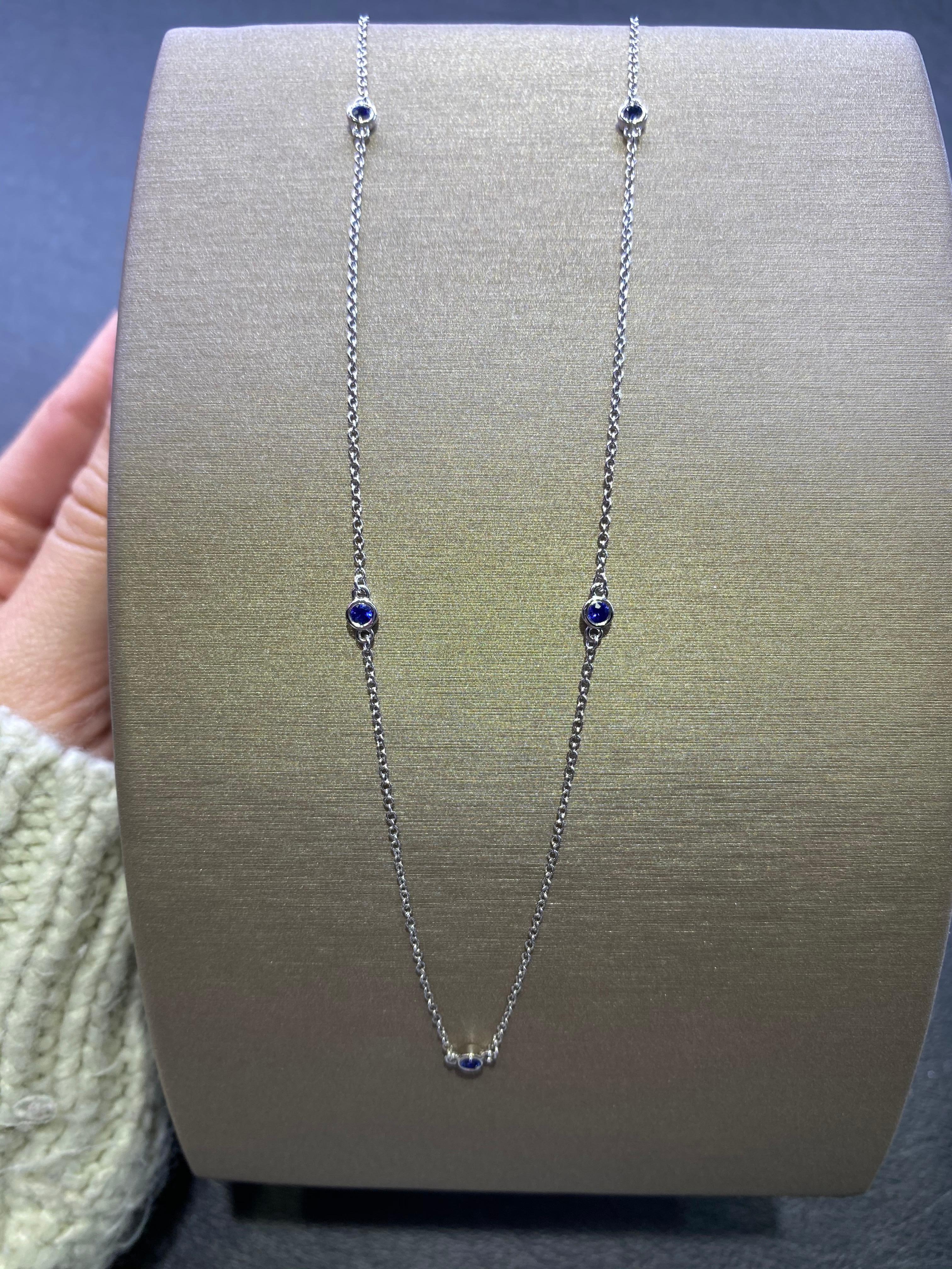 0.29 Carat Round Blue Natural Sapphire 14 Karat White Gold Station Necklace In New Condition In Houston, TX