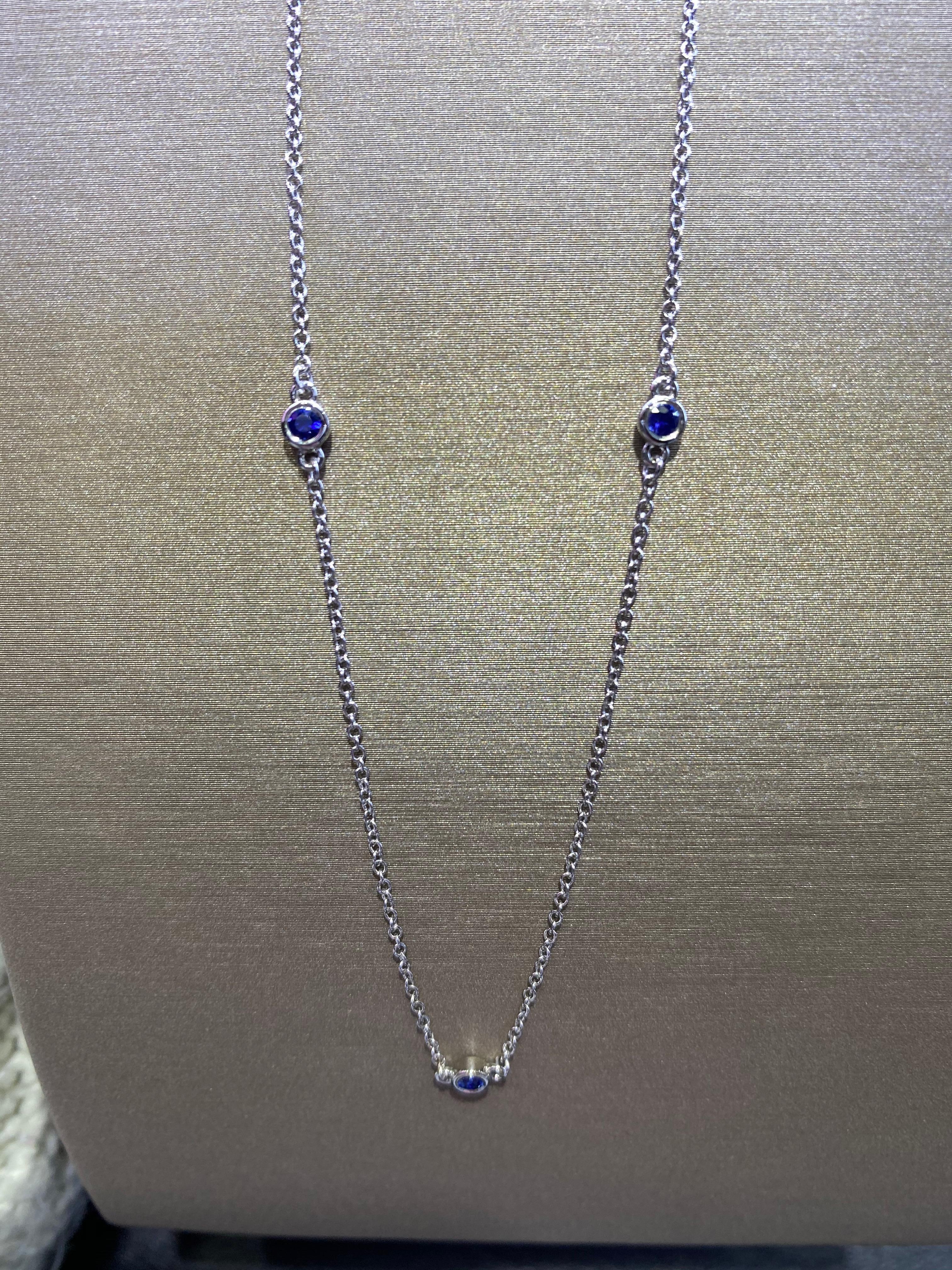 Women's or Men's 0.29 Carat Round Blue Natural Sapphire 14 Karat White Gold Station Necklace