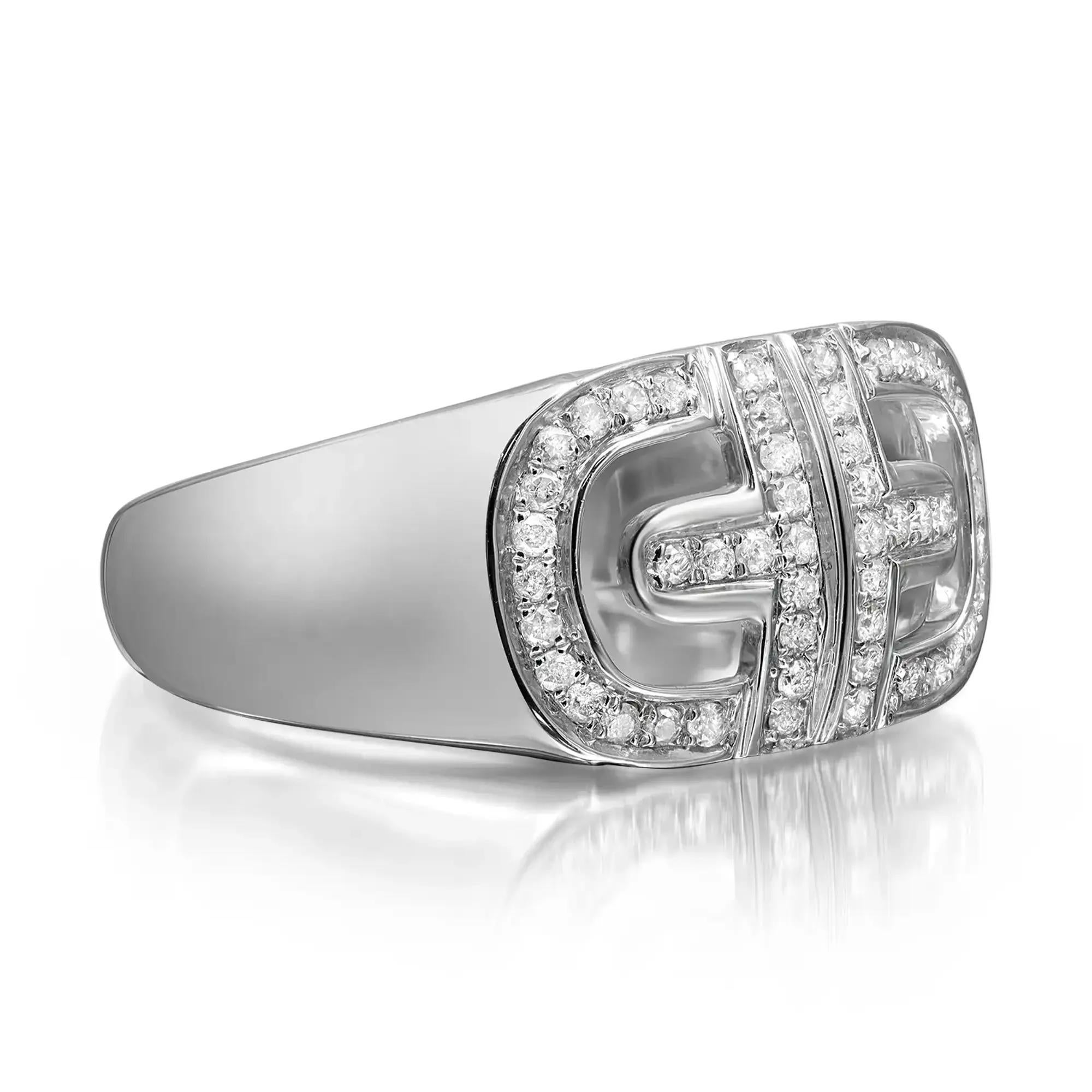 This classic diamond band ring is crafted in 14k white gold and showcases round cut shimmering diamonds. The total diamond carat weight is 0.27 carat. The diamonds are in color I and clarity SI1. This band measures about 10.5mm wide with ring size