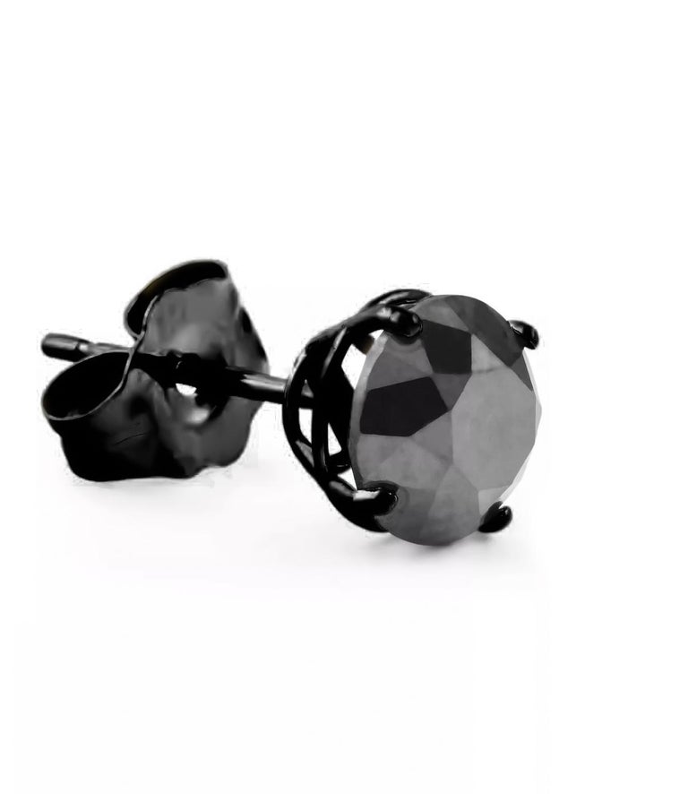 Round Cut 0.3 Carat Black Diamond Single Stud Black Rhodium Earring for Men in 14 K Gold For Sale