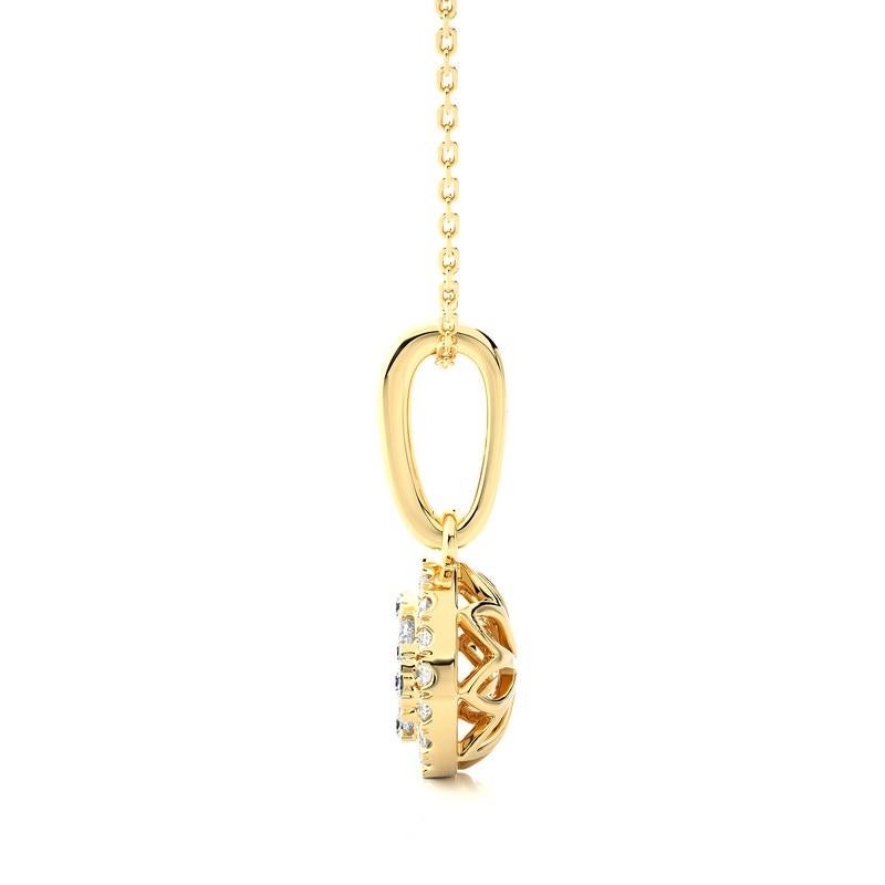 Elevate your style with our exquisite 0.3 carat total weight Moonlight Round Cluster Pendant, fashioned in elegant 14K yellow gold weighing 0.84 grams. This pendant is a captivating 15.3mm in length, with 7.8mm concealed by the bail, ensuring its