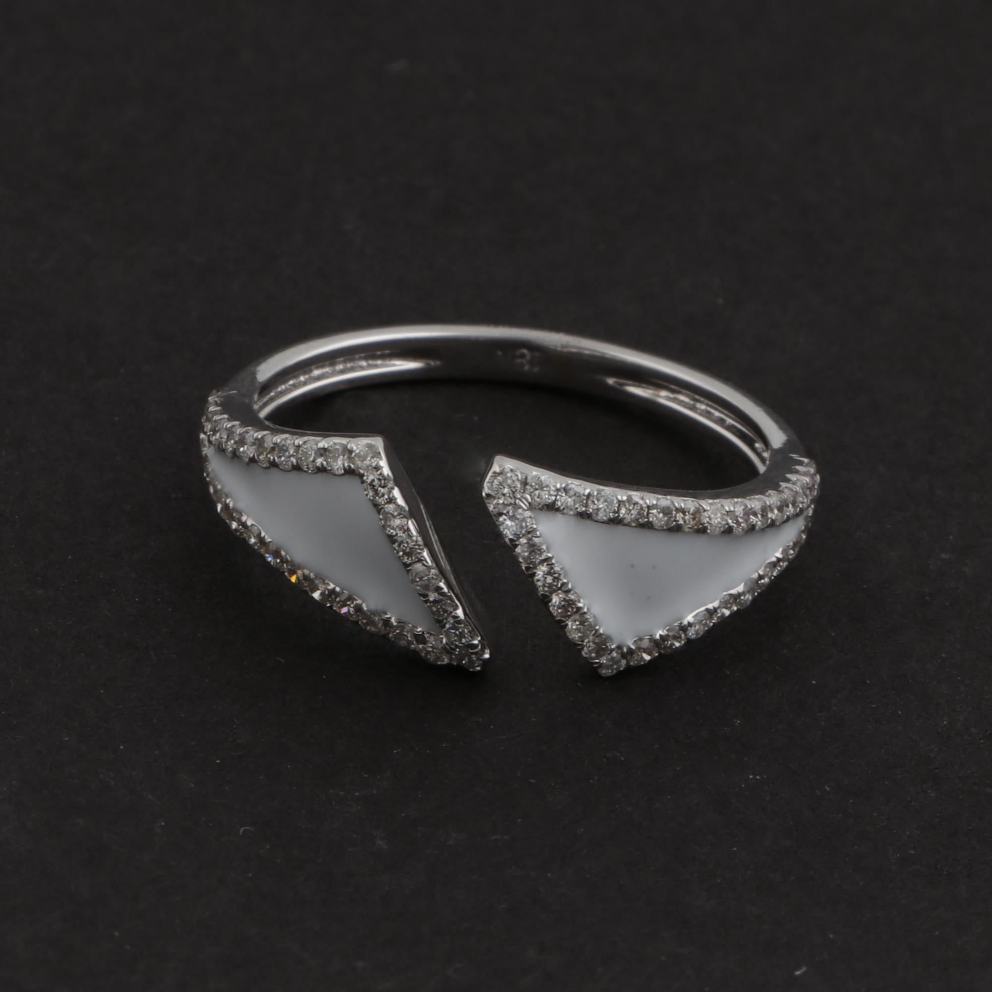 Modern 0.3 Carat SI Clarity HI Color Diamond White Enamel Cuff Ring 18 Karat White Gold For Sale
