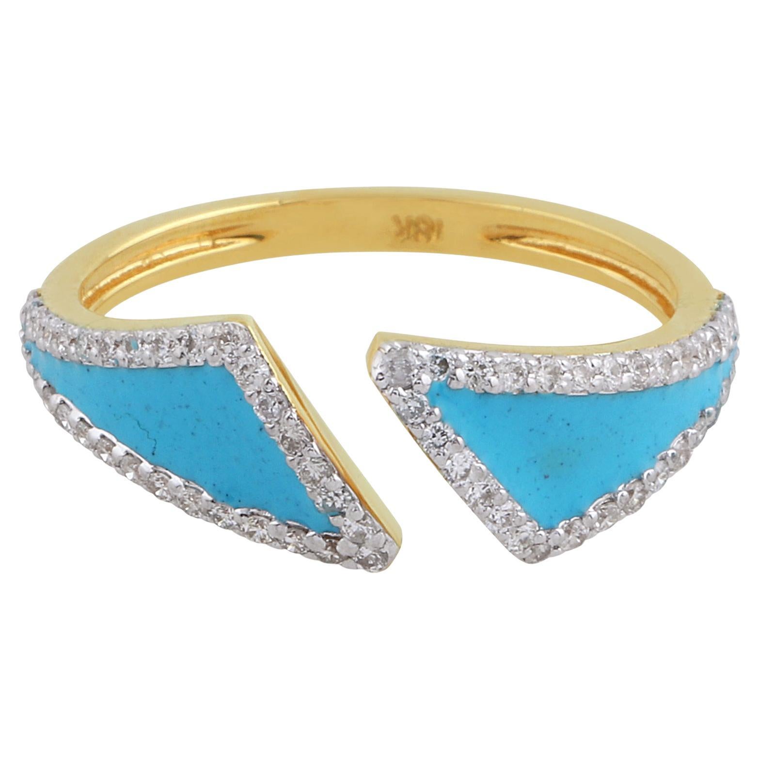 For Sale:  0.3 Carat SI/HI Diamond Turquoise Enamel Spring Ring 18 Karat White Gold Jewelry