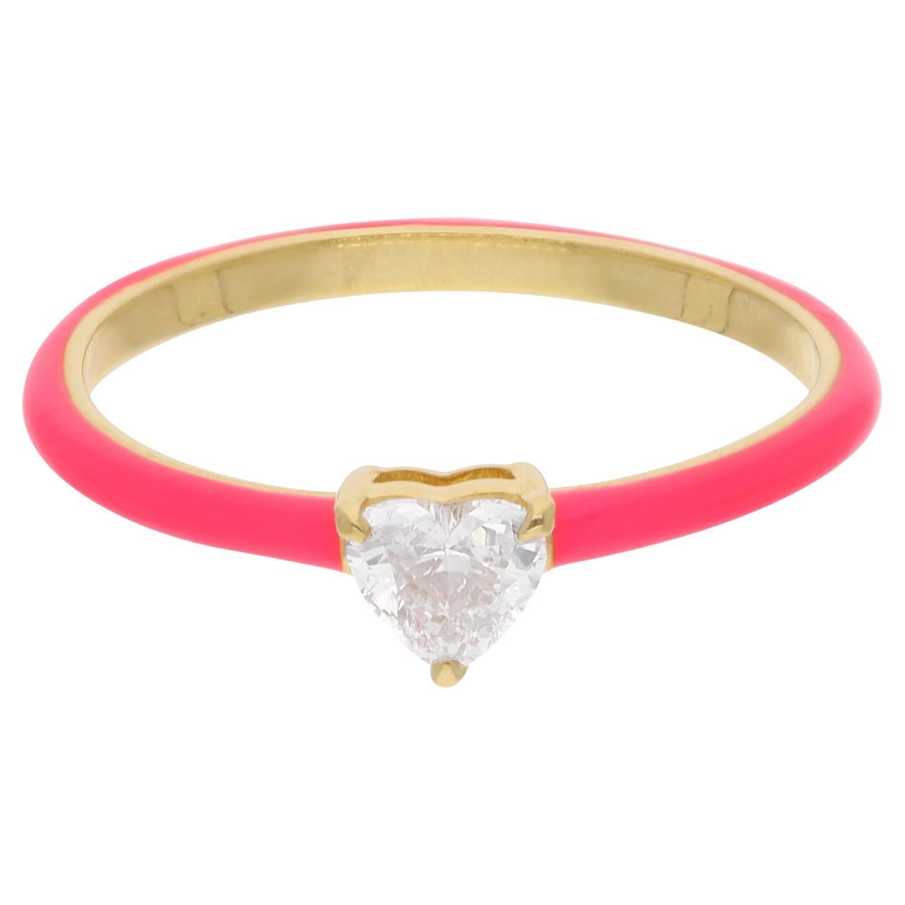 0.3 Carat Solitaire Heart Diamond Red Enamel Band Ring 14 Kt Yellow Gold Jewelry