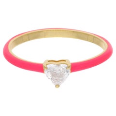 Bague solitaire en or jaune 14 carats avec diamants et émail rouge en forme de cœur de 0,3 carat