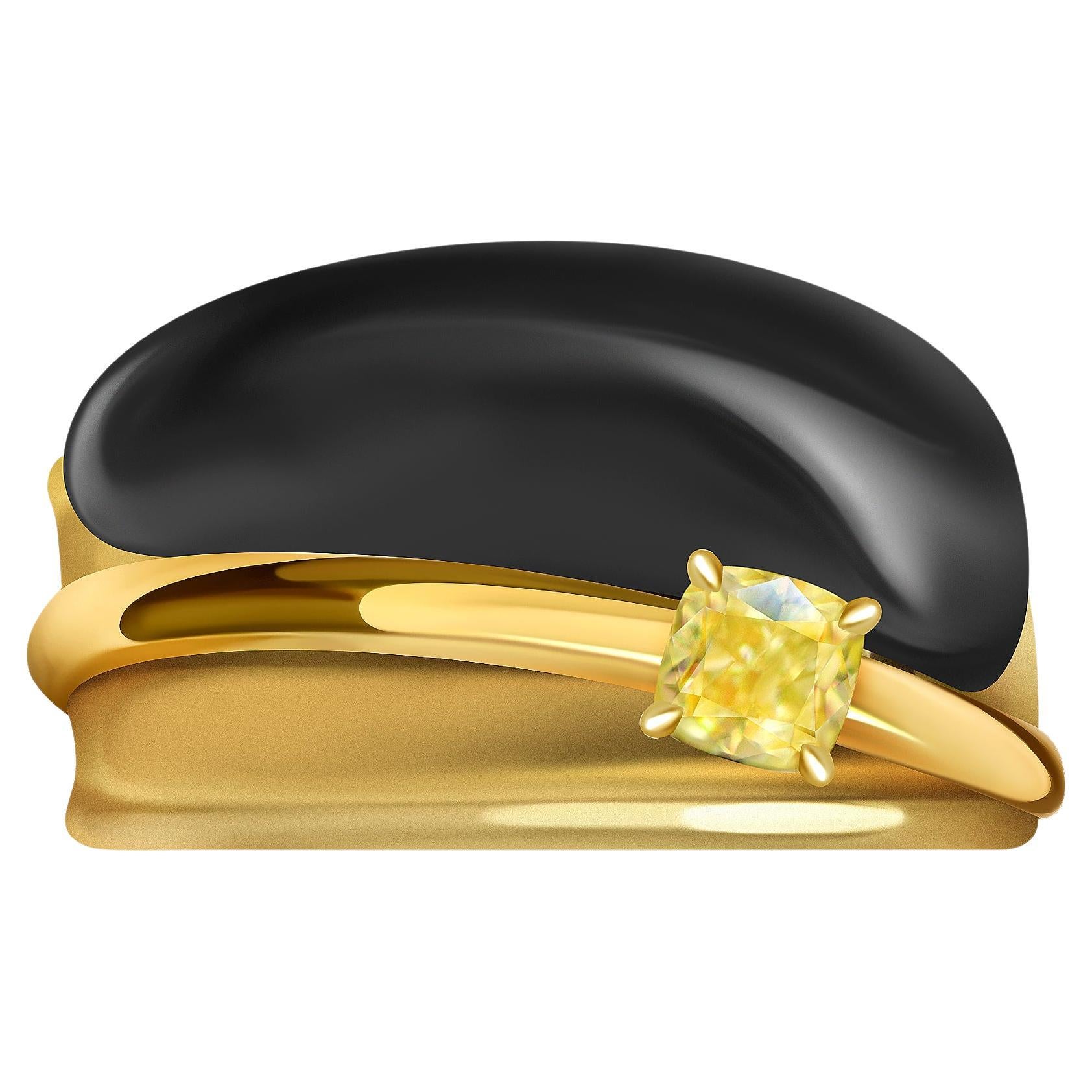 0, 3 Carat Yellow Diamond Black Obsidian Movable 18 Karat Yellow Gold Ring