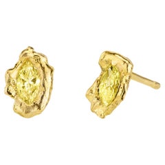 0.3 Carat Yellow Diamond Marquise Cut Organic 18k Gold Stud Earrings