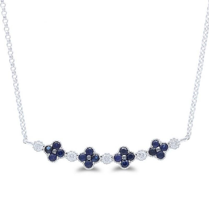 Diamond and Sapphire Carat Weight: This elegant necklace features a total of 0.13 carats of diamonds and 0.33 carats of sapphire. It showcases the beauty of 5 round diamonds and 16 round sapphires, creating a harmonious blend of sparkle and deep