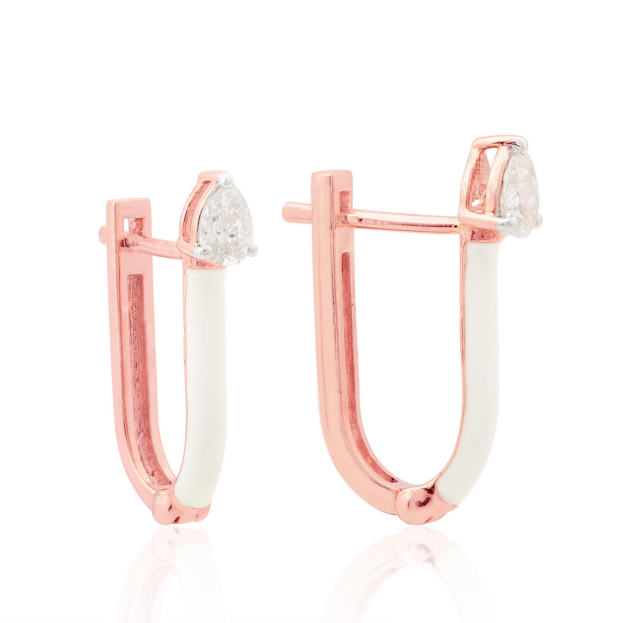 Modern 0.3 Ct SI Clarity HI Color Pear Diamond White Enamel Earrings 10 Karat Rose Gold For Sale