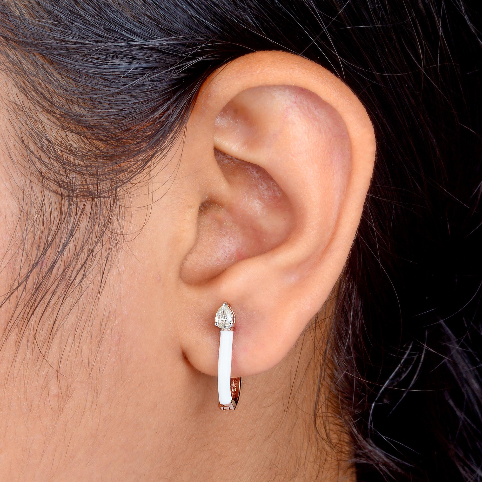 Pear Cut 0.3 Ct SI Clarity HI Color Pear Diamond White Enamel Earrings 10 Karat Rose Gold For Sale