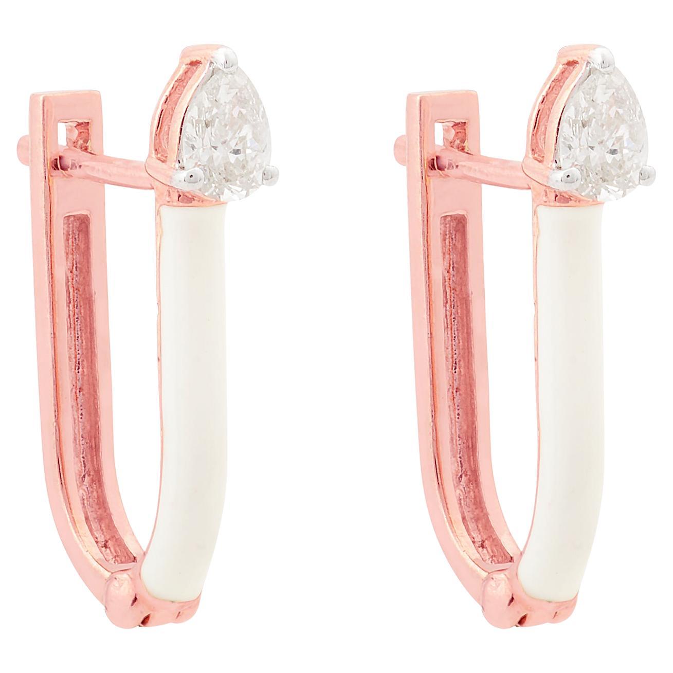 0.3 Ct SI Clarity HI Color Pear Diamond White Enamel Earrings 10 Karat Rose Gold For Sale