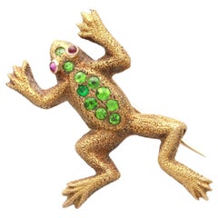 Demantoid Garnet and Ruby 15k Yellow Gold Frog Brooch Circa 1880