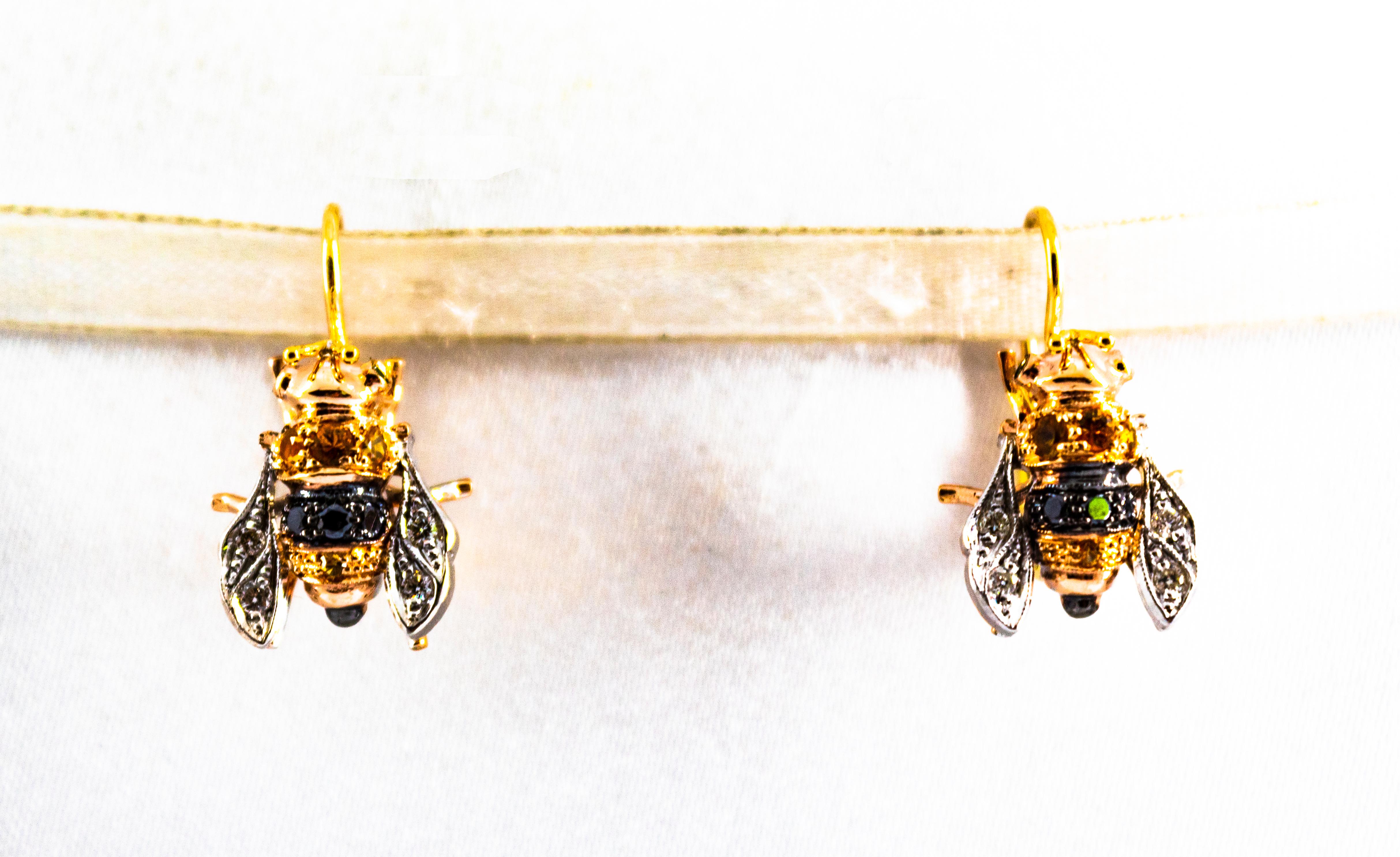 Art Nouveau 0.30 Carat Diamond 0.35 Yellow Sapphire Yellow Gold Lever-Back Bees Earrings For Sale