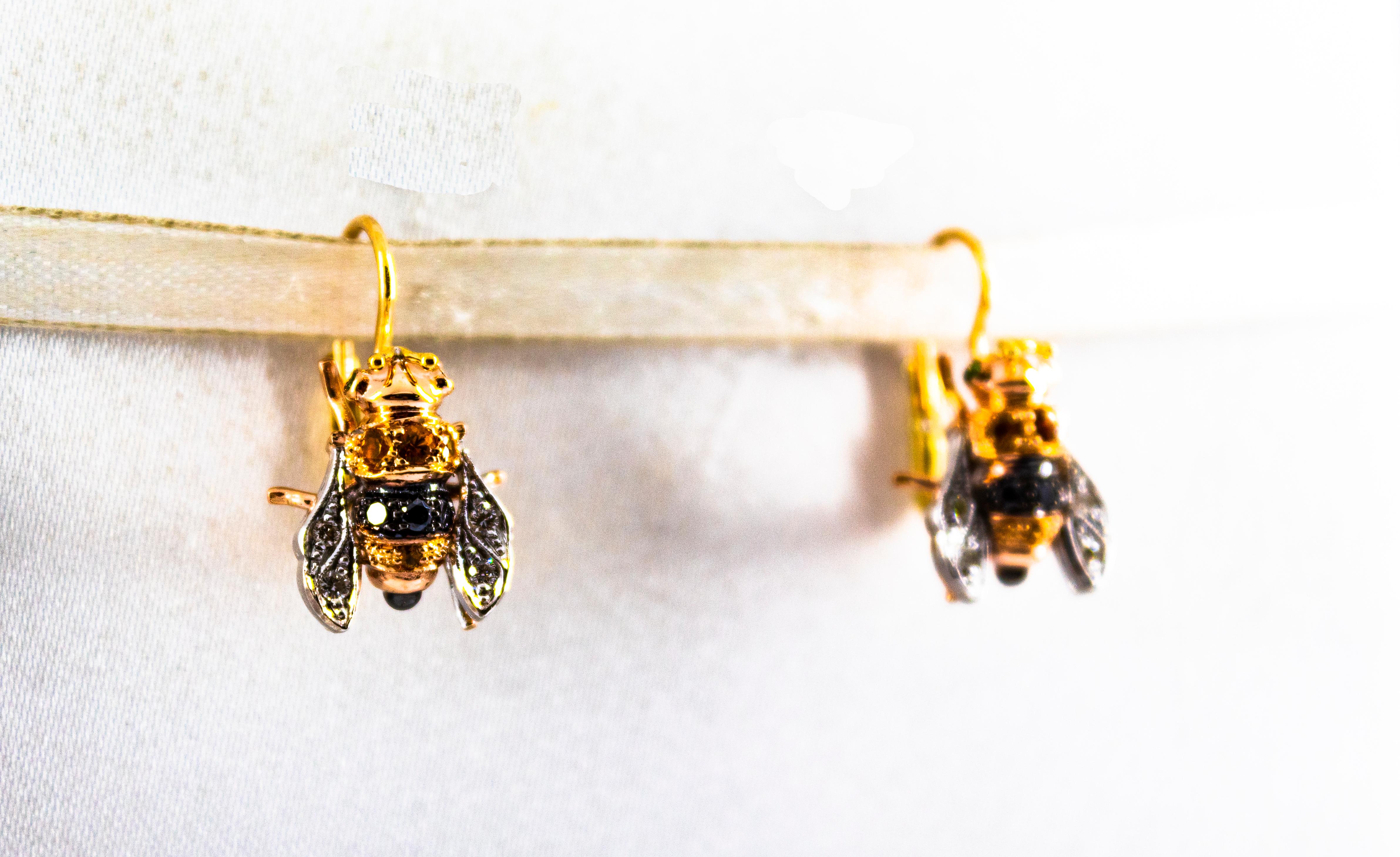 Brilliant Cut 0.30 Carat Diamond 0.35 Yellow Sapphire Yellow Gold Lever-Back Bees Earrings For Sale
