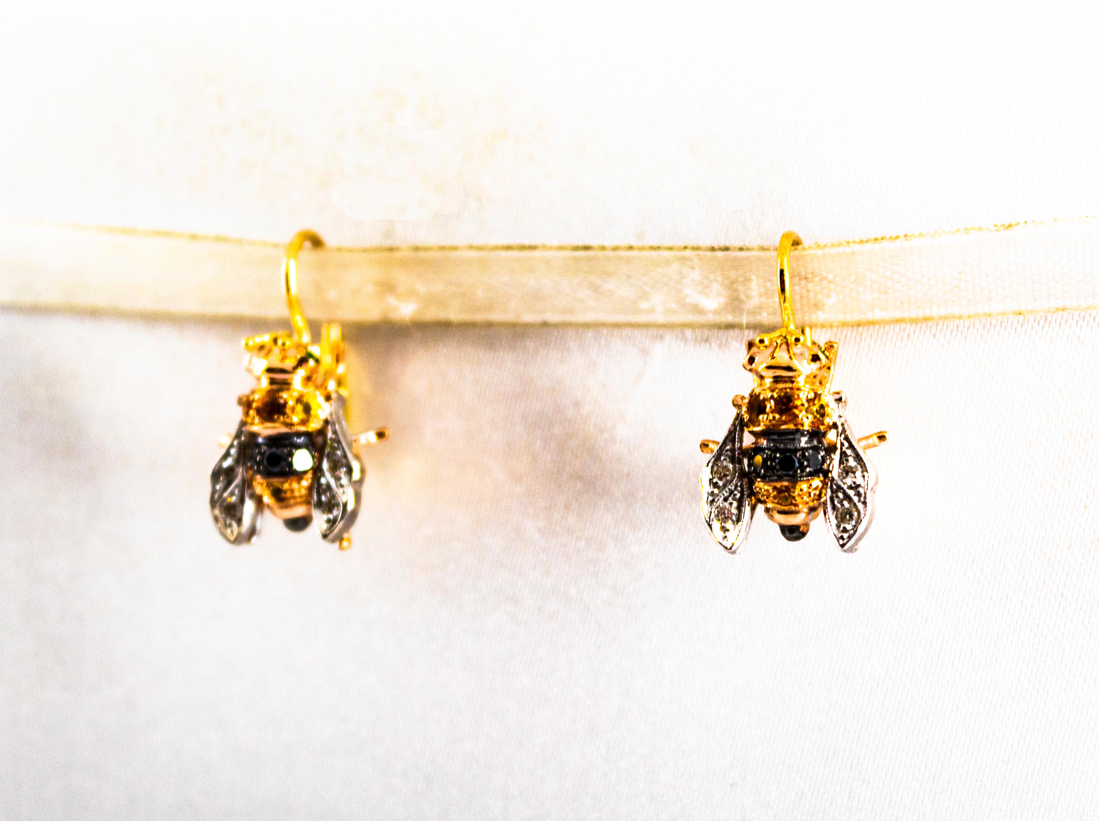 Women's or Men's 0.30 Carat Diamond 0.35 Yellow Sapphire Yellow Gold Lever-Back Bees Earrings