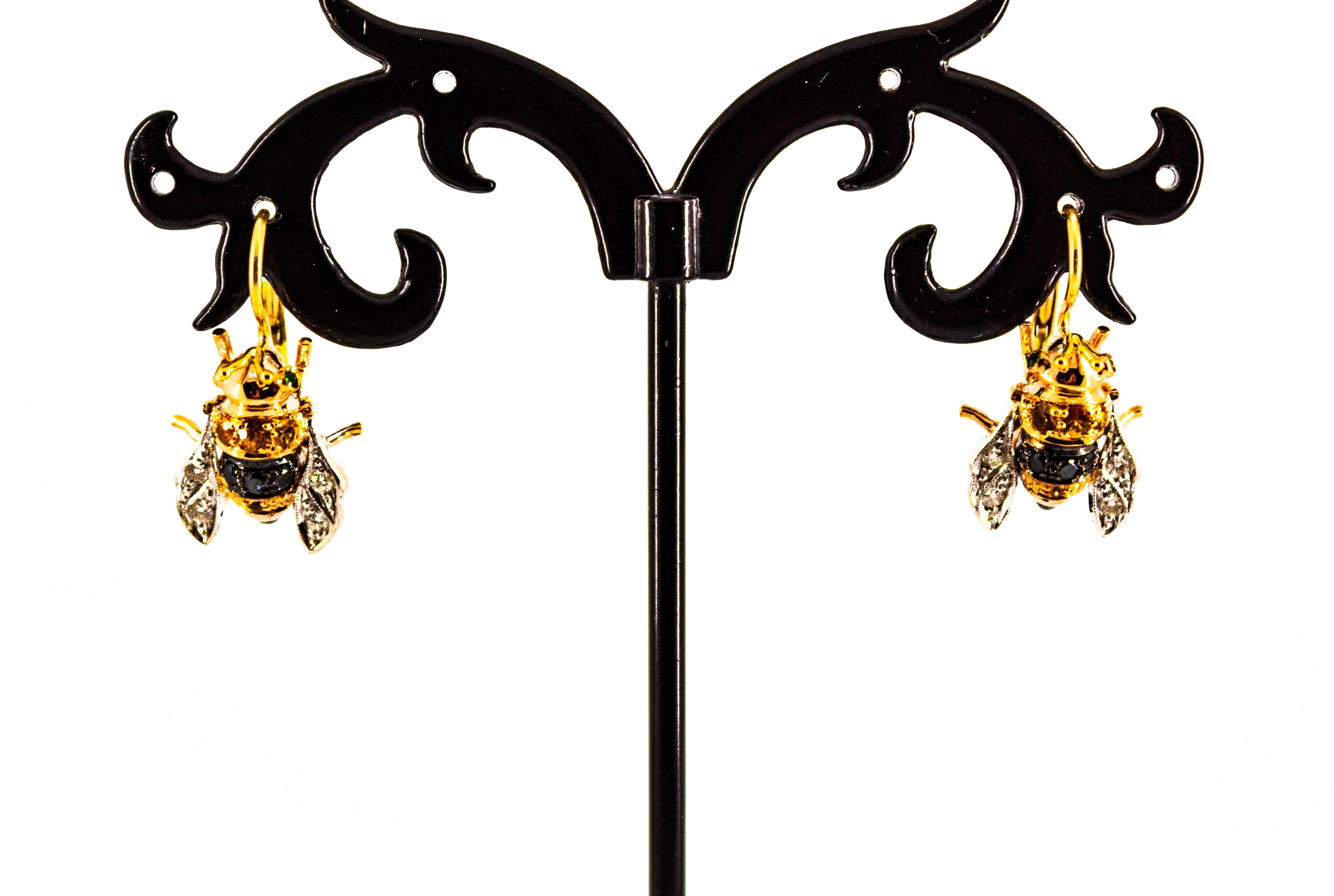 0.30 Carat Diamond 0.35 Yellow Sapphire Yellow Gold Lever-Back Bees Earrings For Sale 2