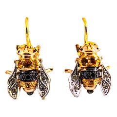 Vintage 0.30 Carat Diamond 0.35 Yellow Sapphire Yellow Gold Lever-Back Bees Earrings