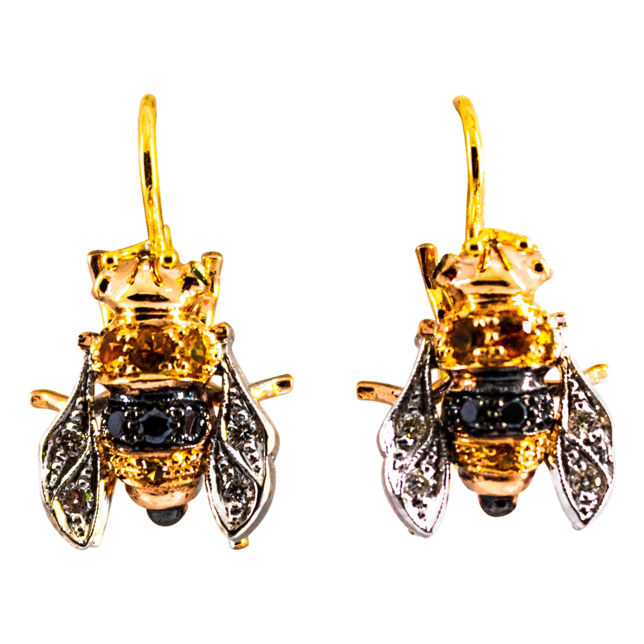0.30 Carat Diamond 0.35 Yellow Sapphire Yellow Gold Lever-Back Bees Earrings For Sale