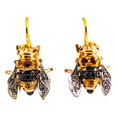 0.30 Carat Diamond 0.35 Yellow Sapphire Yellow Gold Lever-Back Bees Earrings