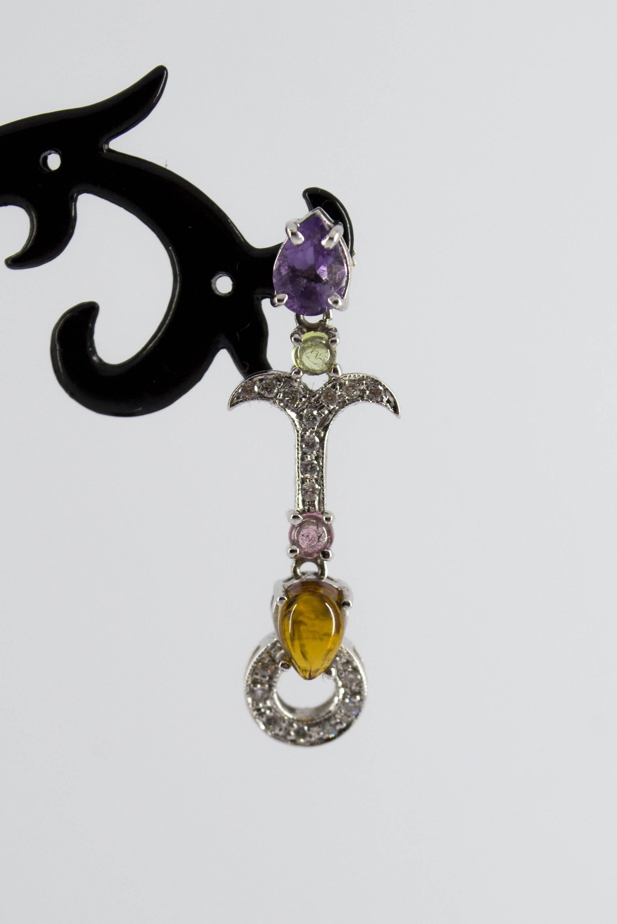 Clous d'oreilles en or blanc avec diamants blancs de 0,30 carat, améthyste et citrine Unisexe en vente