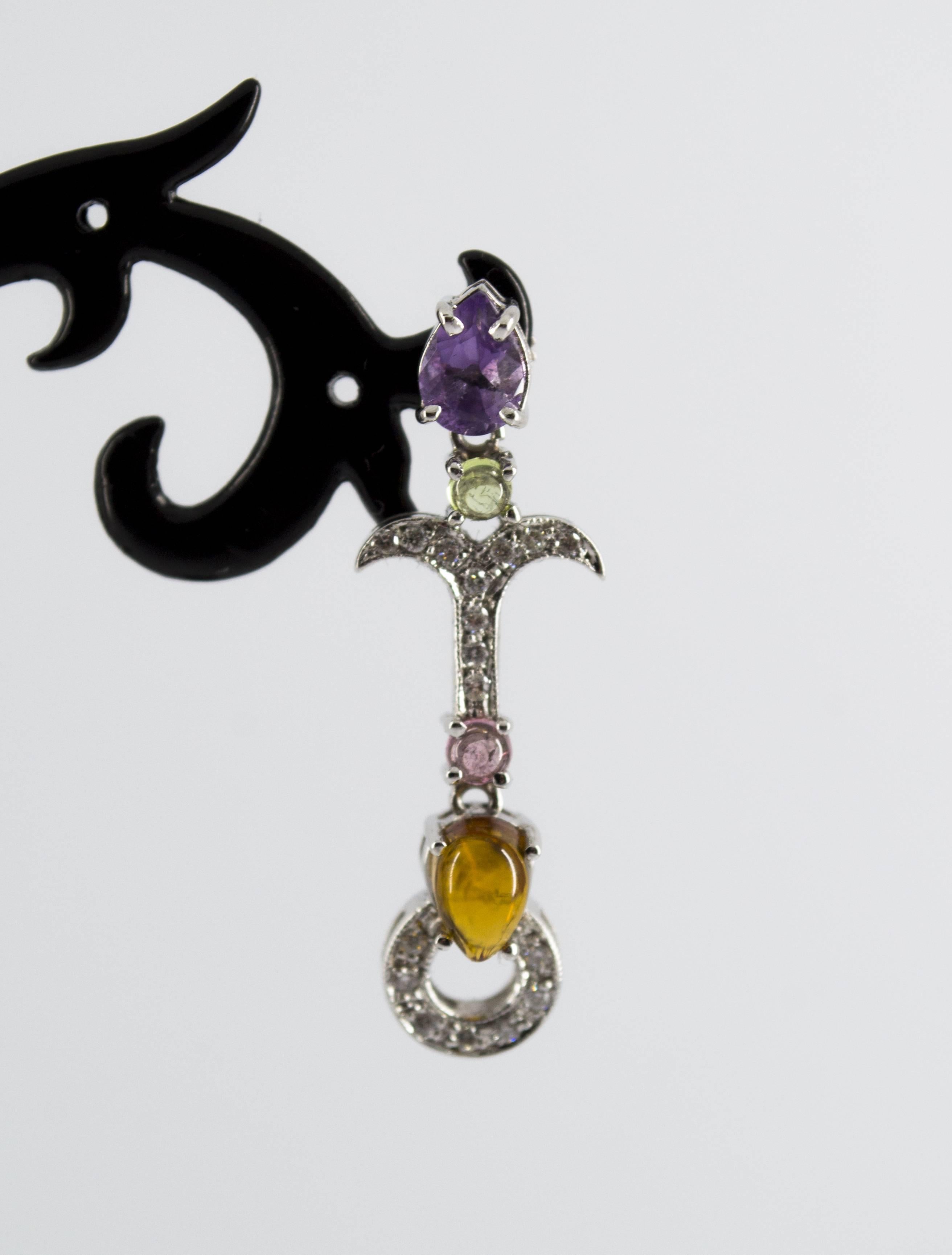 Clous d'oreilles en or blanc avec diamants blancs de 0,30 carat, améthyste et citrine en vente 1