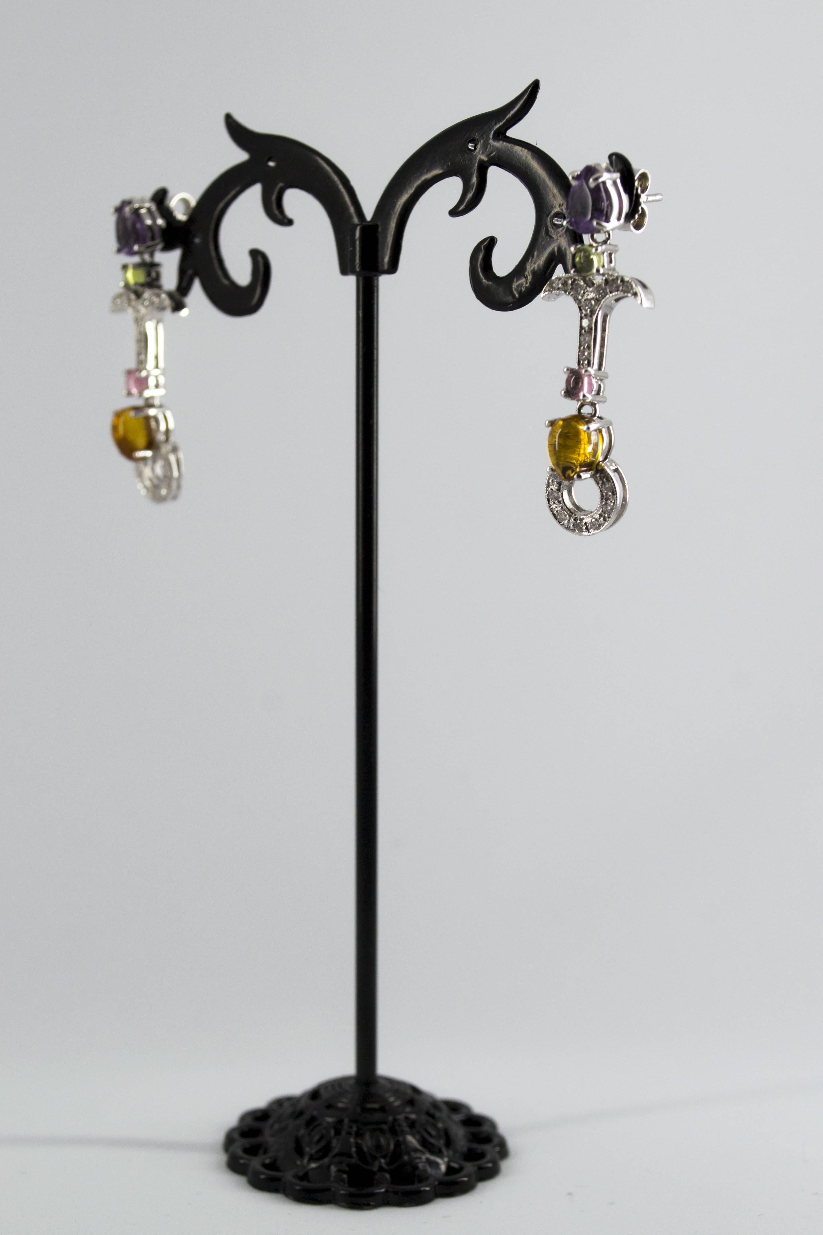 Clous d'oreilles en or blanc avec diamants blancs de 0,30 carat, améthyste et citrine en vente 2