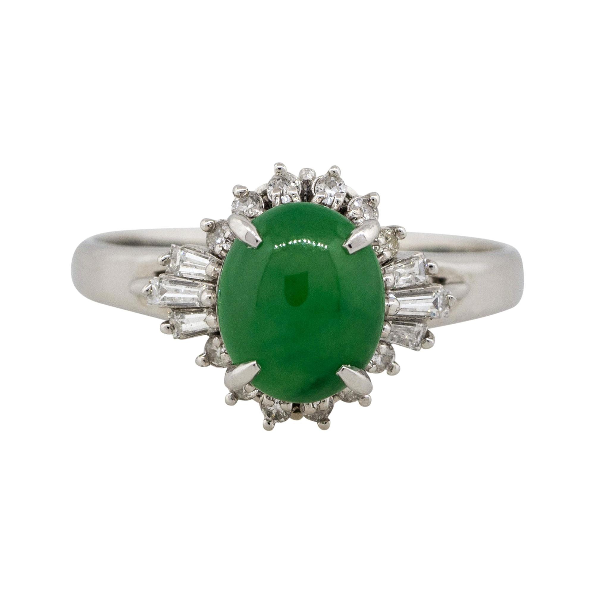 0.30 Carat Diamond Halo Jade Center Cabochon Cocktail Ring Platinum in Stock For Sale