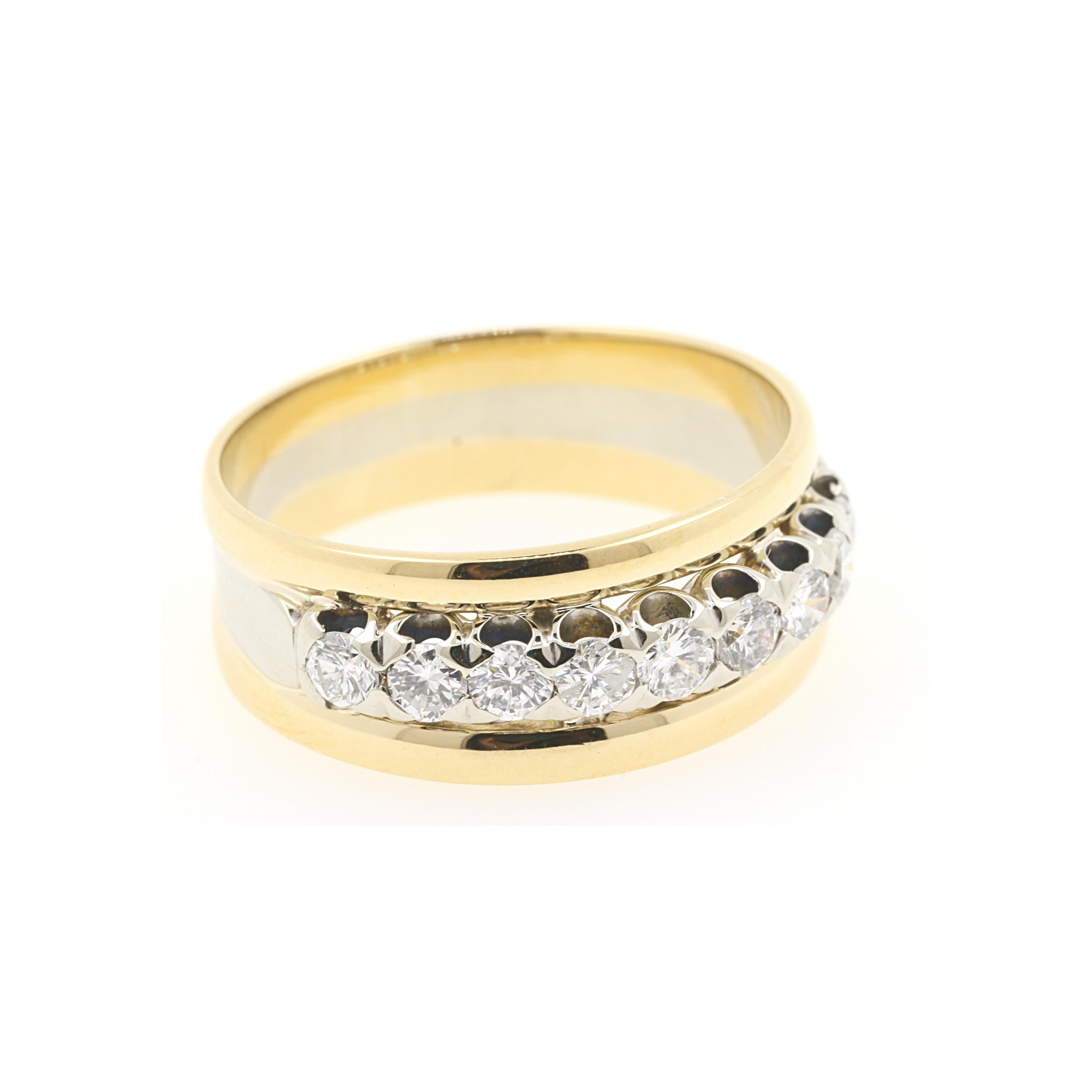 18K yellow and white gold  band Ring with 9 diamonds. Diamonds are set on white gold to enhance their high color and play of light . 

750 Stamp, Made in Italy
EU Size: 57 US Size: 8
 
9 Diamonds, Round Brilliant Cut, estimated weight 0.30ct total,