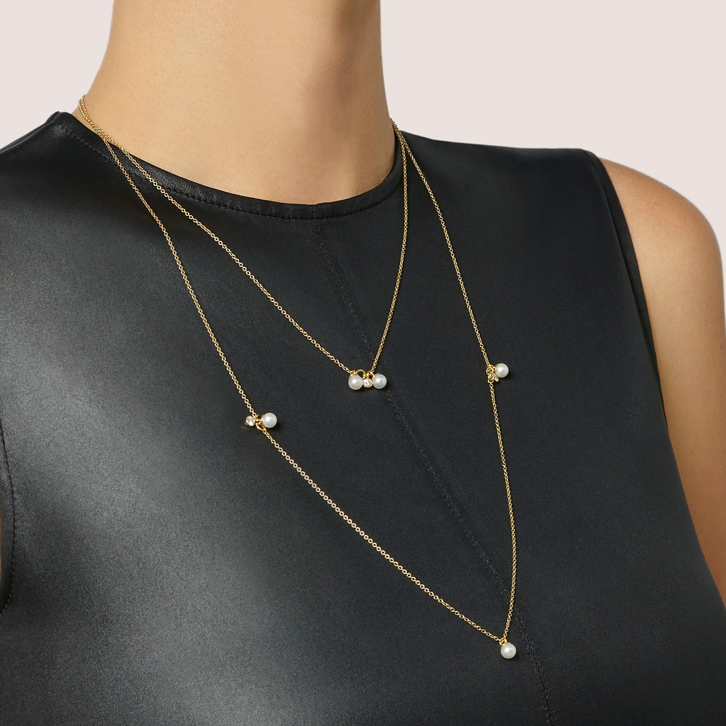 Contemporary 0.30 Carat Diamond Pearl 18kt Yellow Gold Long Chain Multi-Strand Necklace For Sale