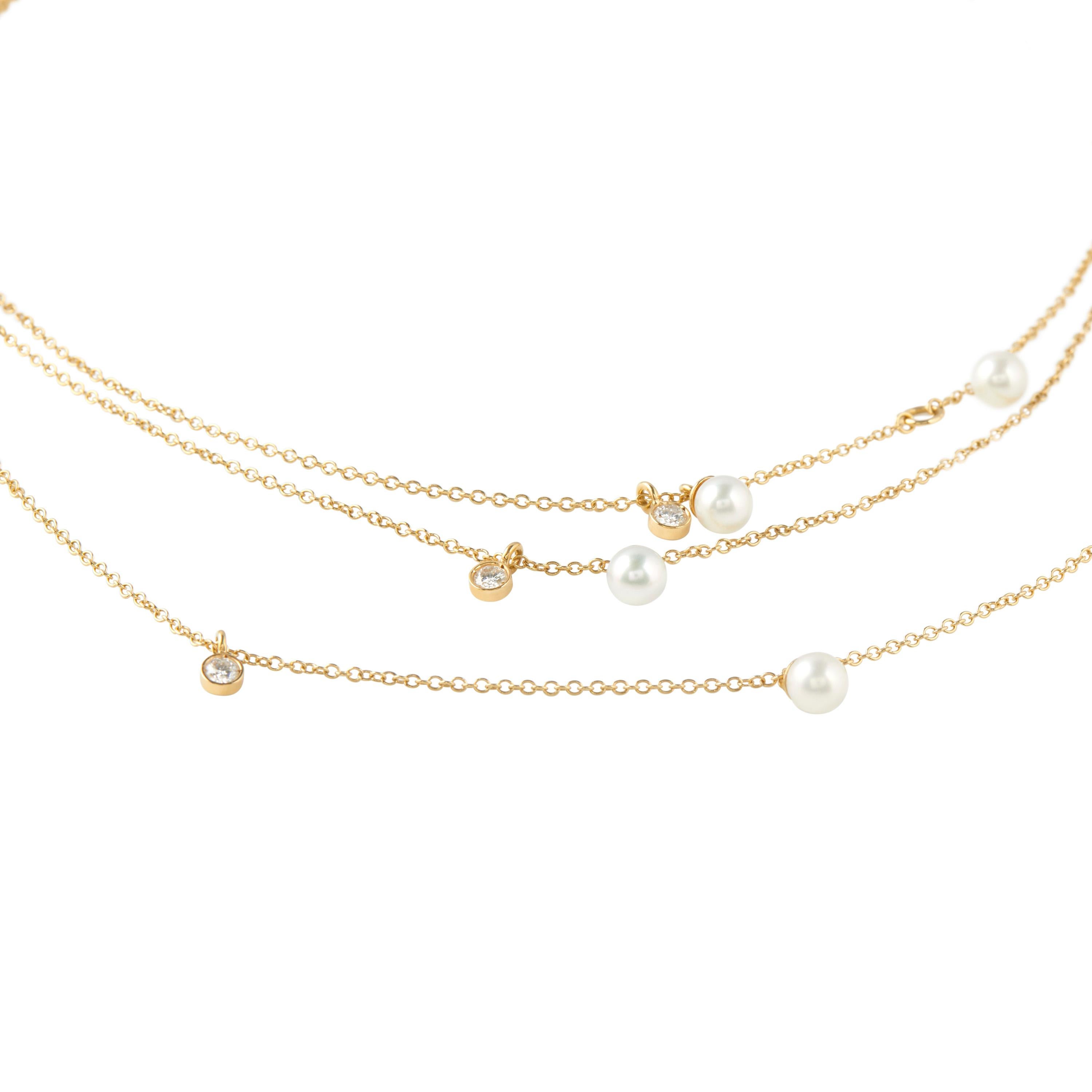Round Cut 0.30 Carat Diamond Pearl 18kt Yellow Gold Long Chain Multi Strand Necklace  For Sale