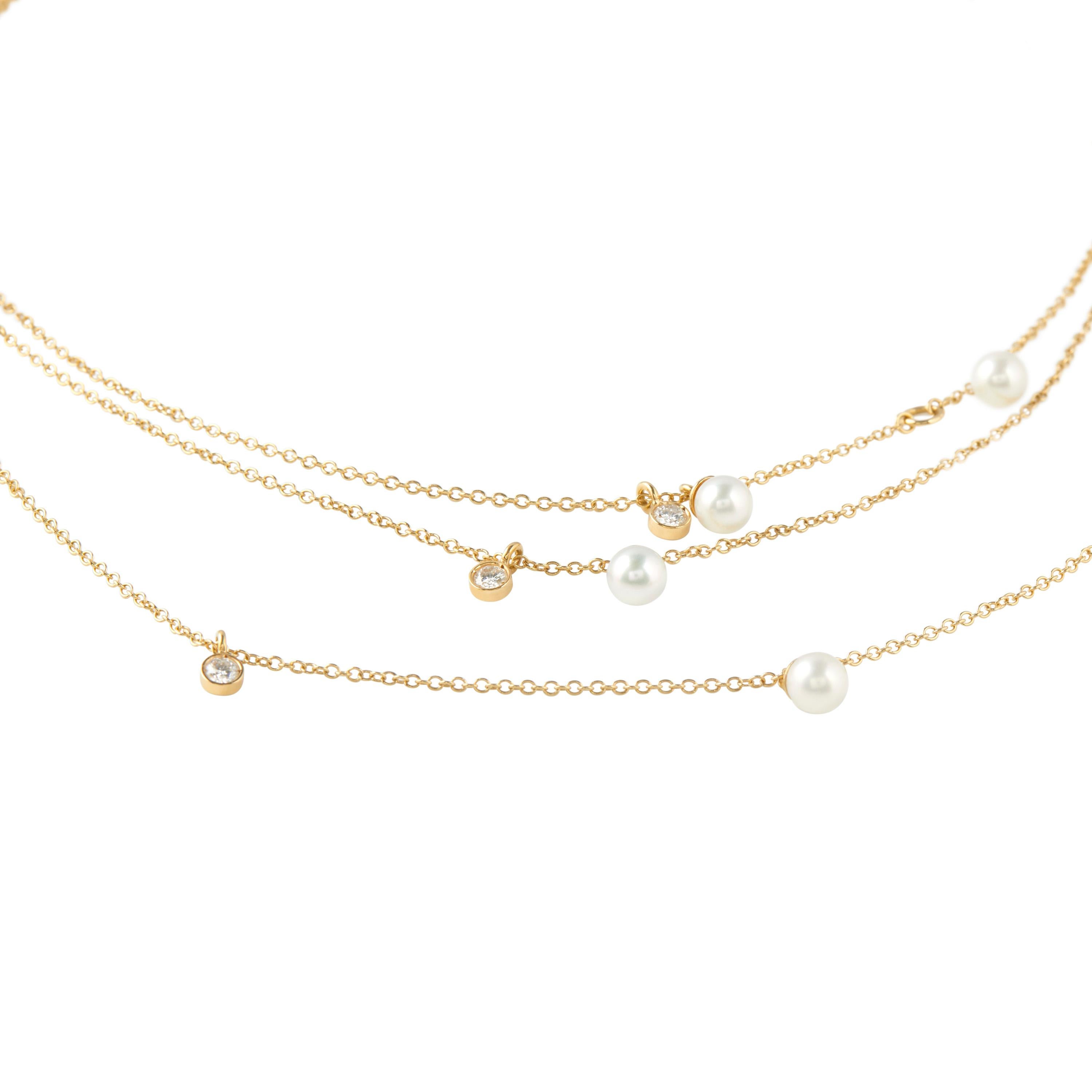 Round Cut 0.30 Carat Diamond Pearl 18kt Yellow Gold Long Chain Multi-Strand Necklace For Sale