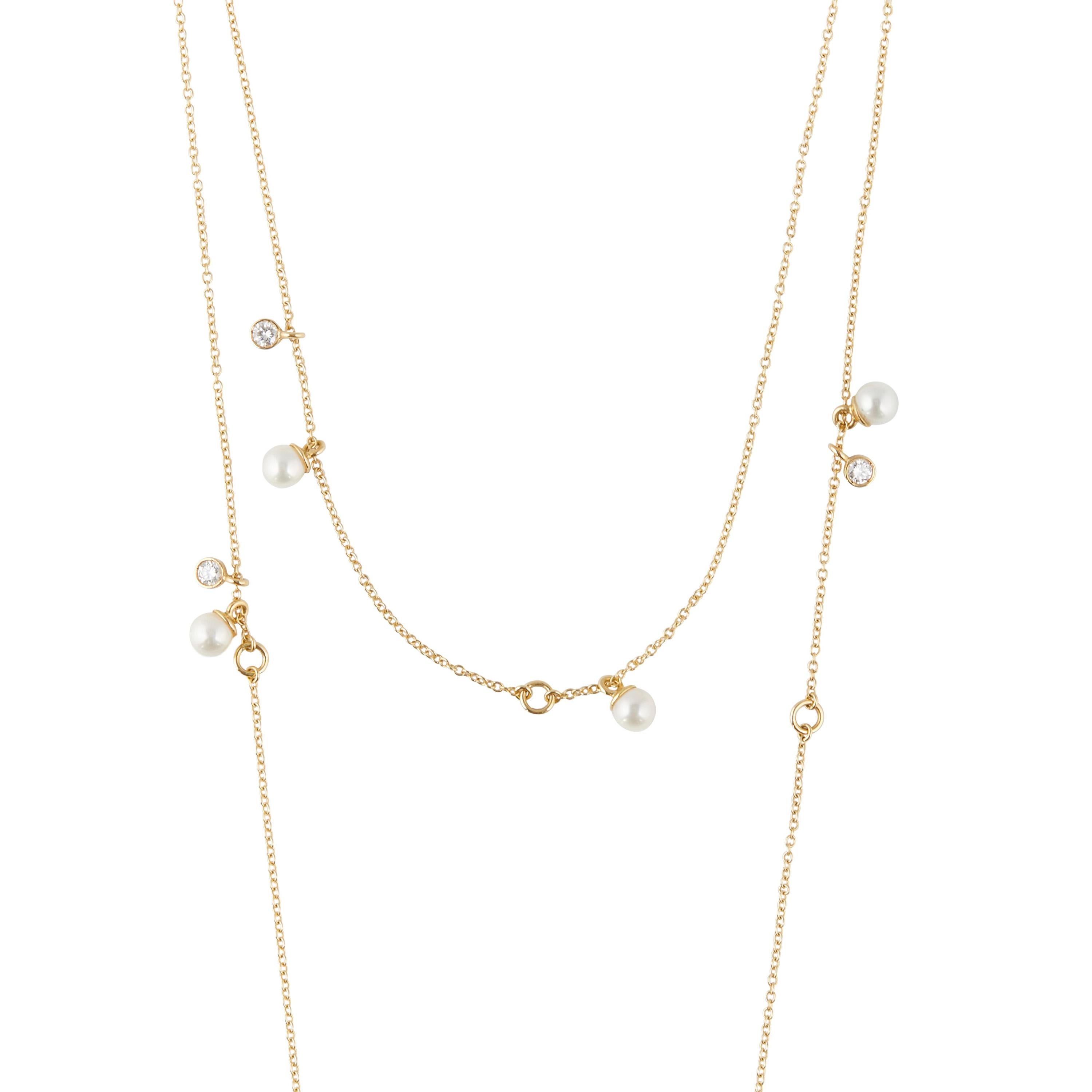 0.30 Carat Diamond Pearl 18kt Yellow Gold Long Chain Multi Strand Necklace  For Sale 2