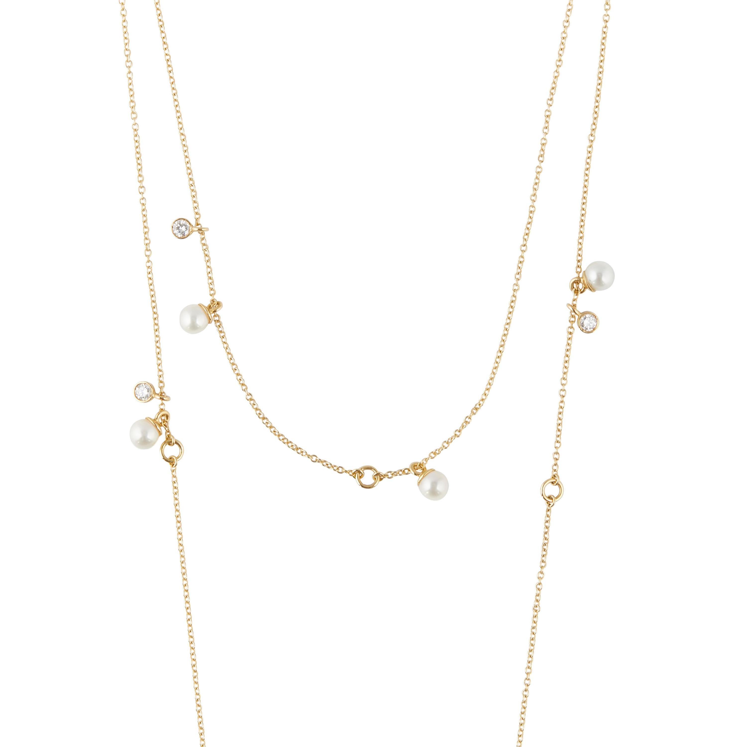 0.30 Carat Diamond Pearl 18kt Yellow Gold Long Chain Multi-Strand Necklace For Sale 2