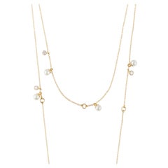 0.30 Carat Diamond Pearl 18kt Yellow Gold Long Chain Multi Strand Necklace 