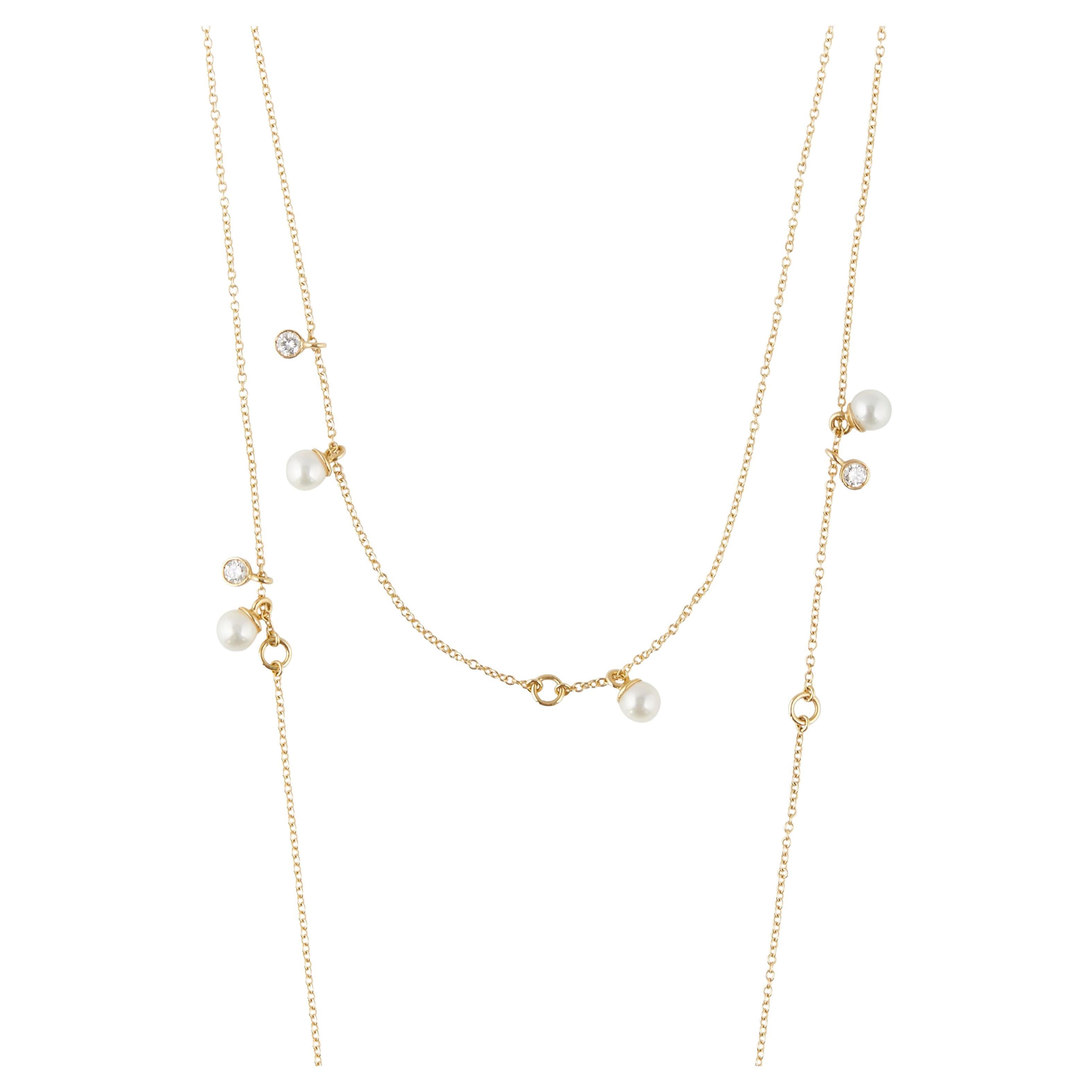 0.30 Carat Diamond Pearl 18kt Yellow Gold Long Chain Multi-Strand Necklace For Sale