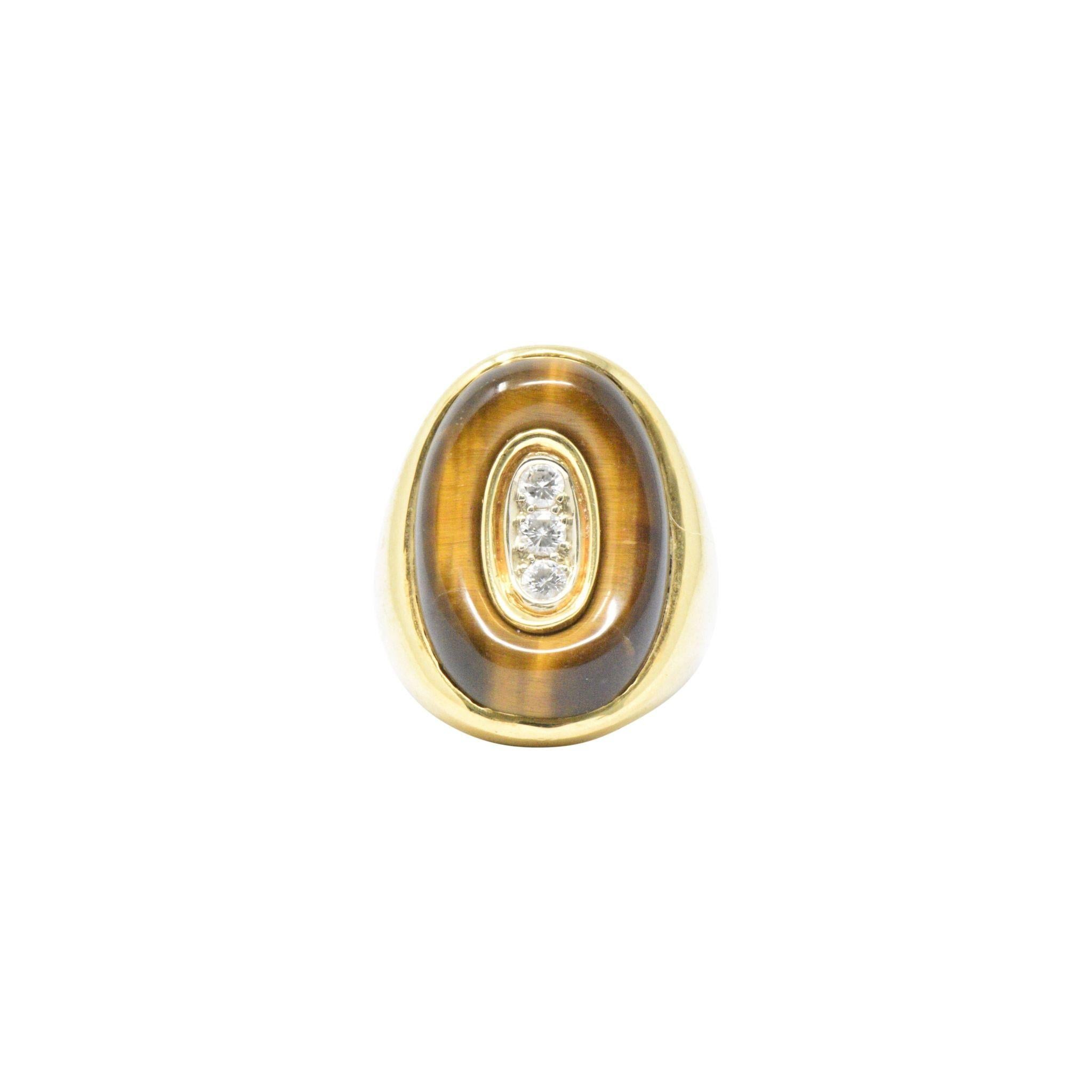 0.30 Carat Diamond Tiger's Eye and 18 Karat Gold Vintage Cocktail Ring In Good Condition In Philadelphia, PA