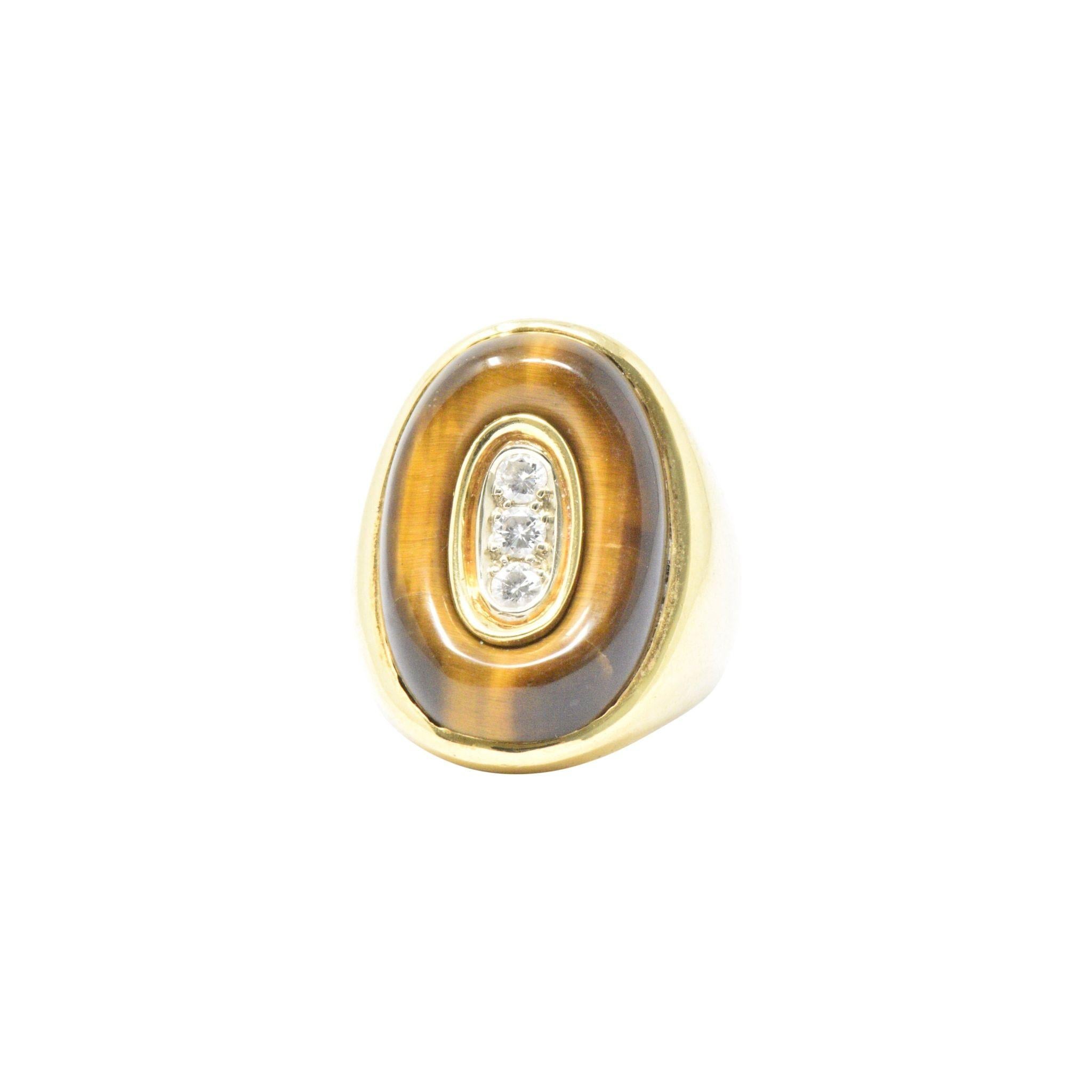 0.30 Carat Diamond Tiger's Eye and 18 Karat Gold Vintage Cocktail Ring 1