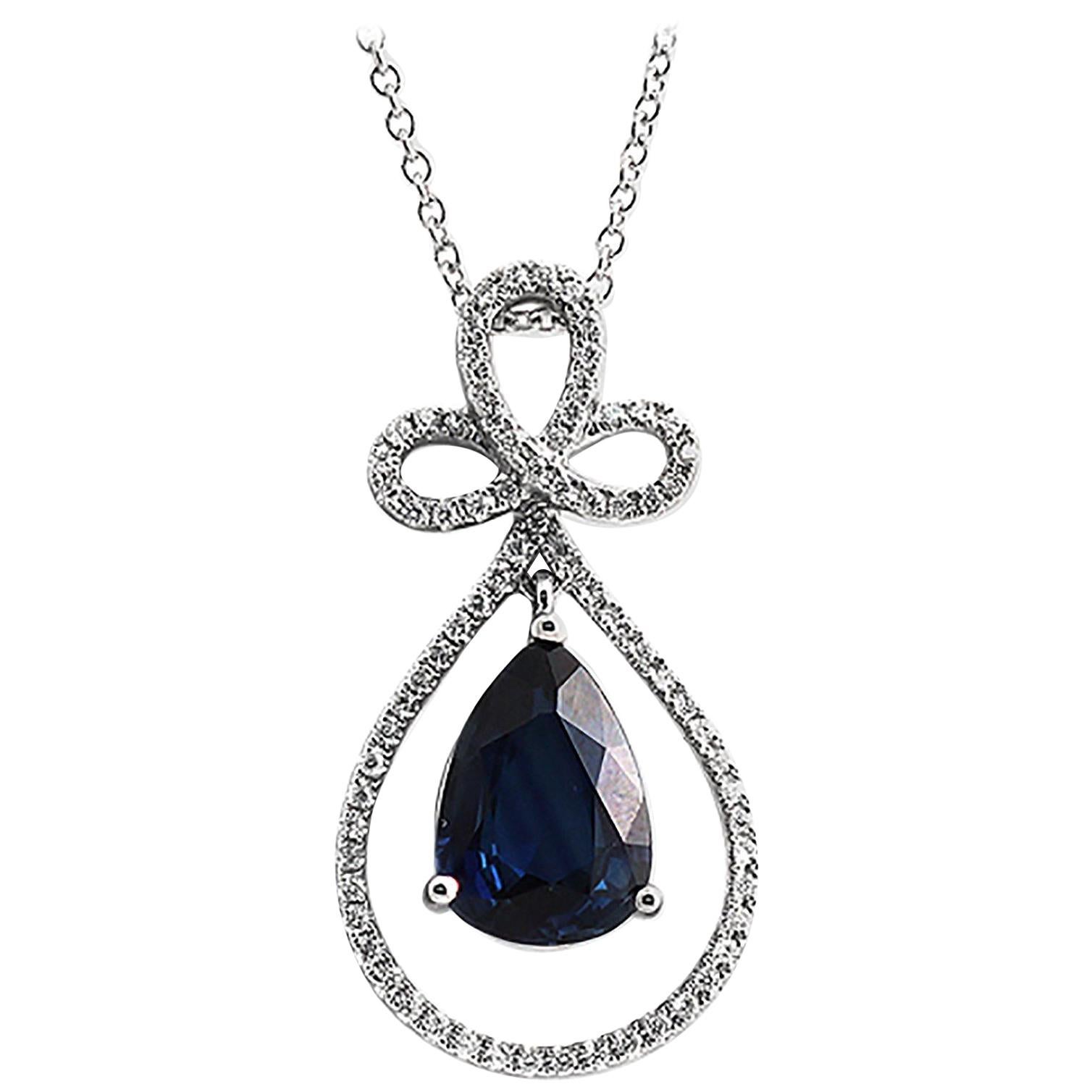 0.30 Carat Diamonds 2.99 Carat Blue Sapphire 14 Karat White Gold Drop Necklace