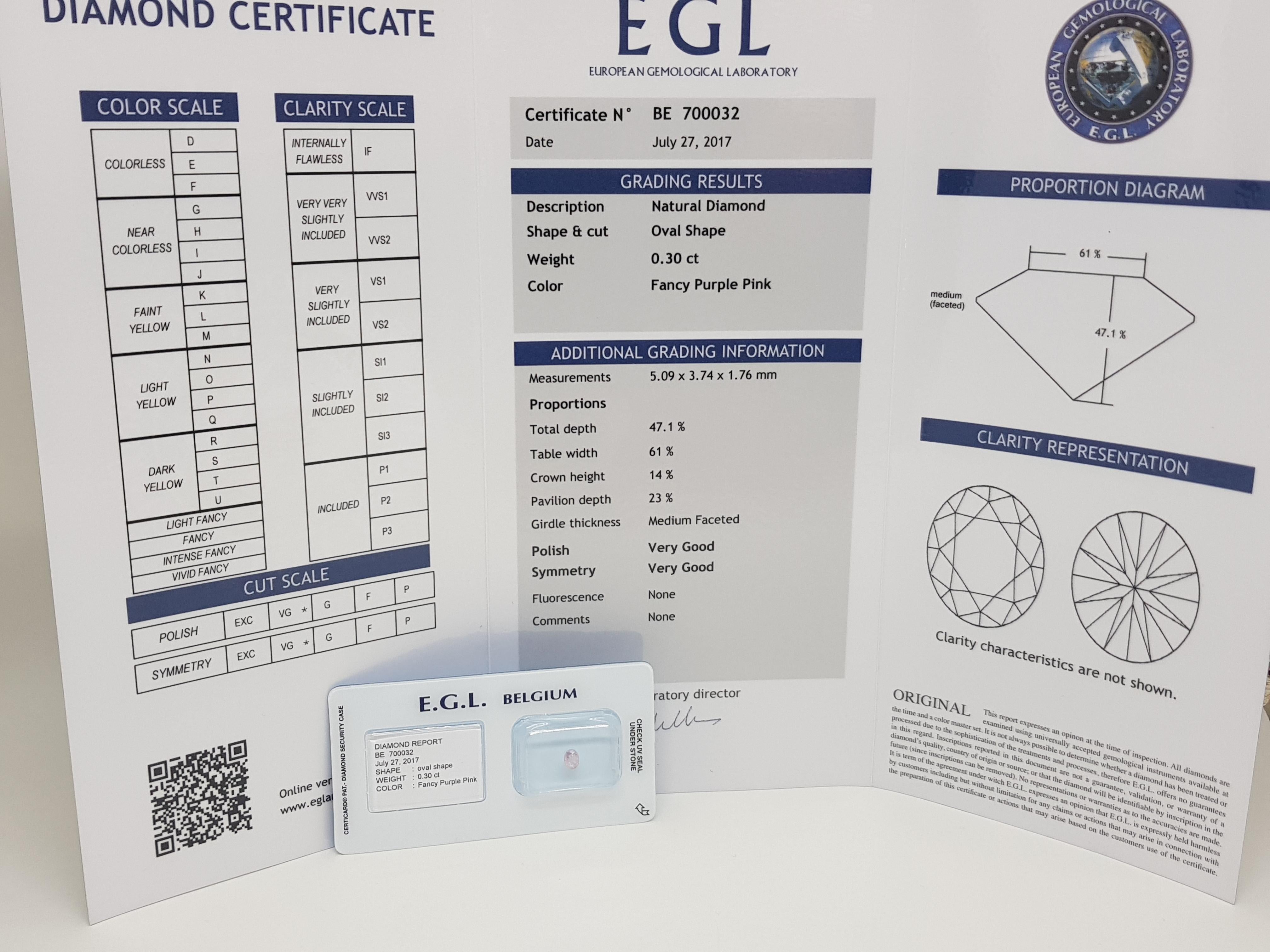 0.30 Carat EGL Certificate Fancy Purple Pink Color Oval Shape Diamond For Sale 3