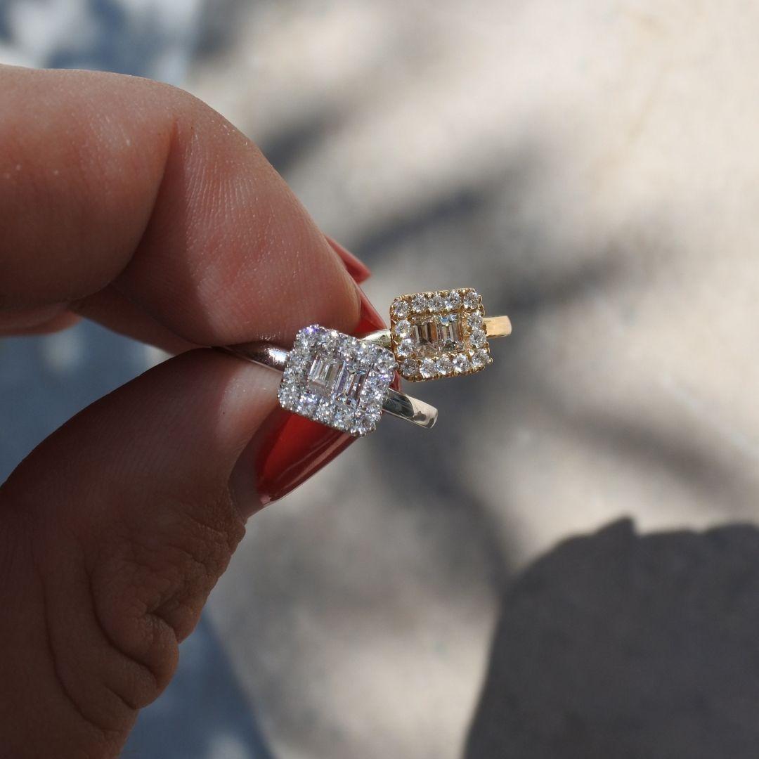 Art Deco 0.30 Carat Emerald Cut Halo Diamond Ring in 18K White Gold, Shlomit Rogel For Sale