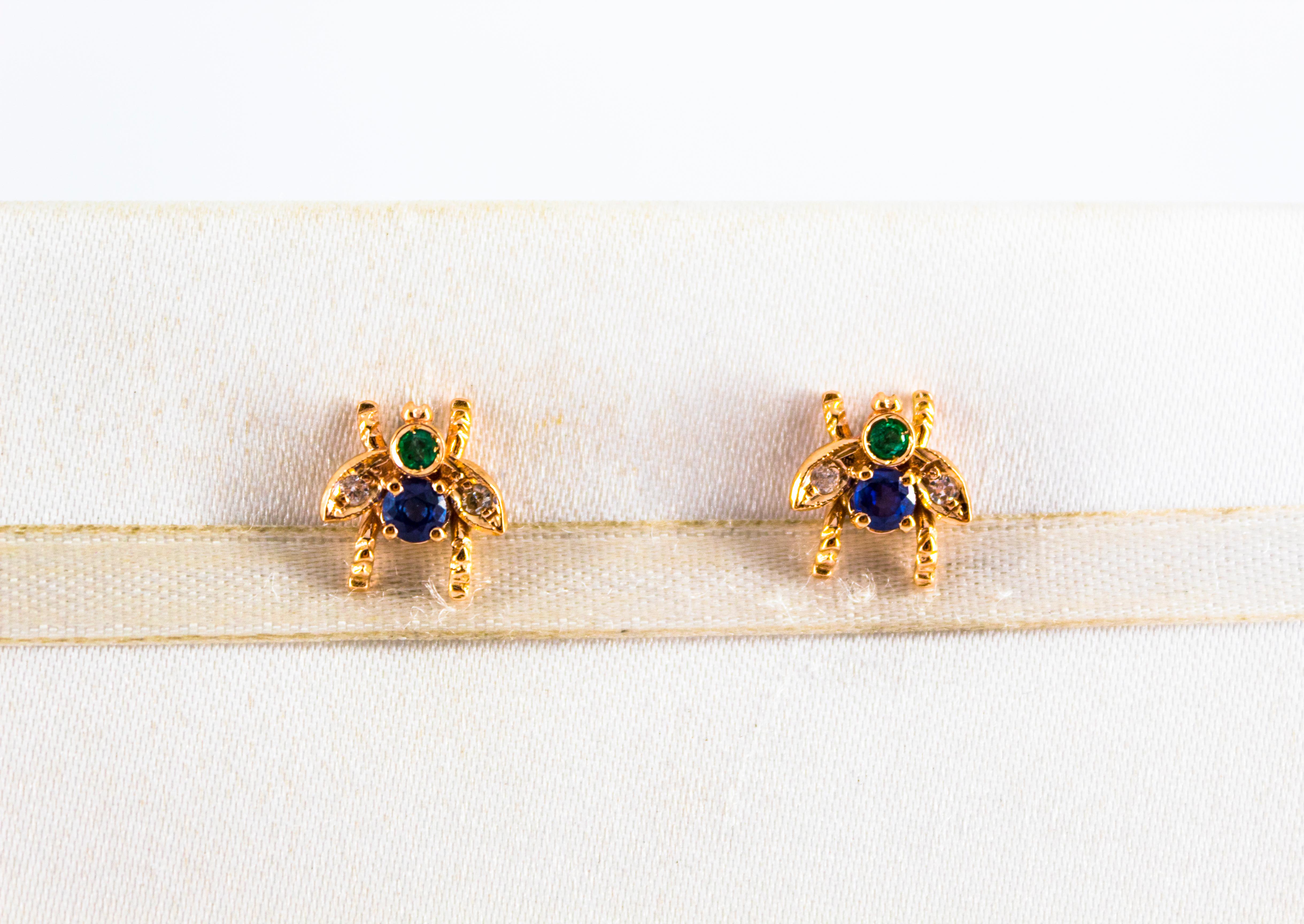 0.30 Carat Emerald Ruby 0.08 Carat White Diamond Yellow Gold Stud Flies Earrings For Sale 4