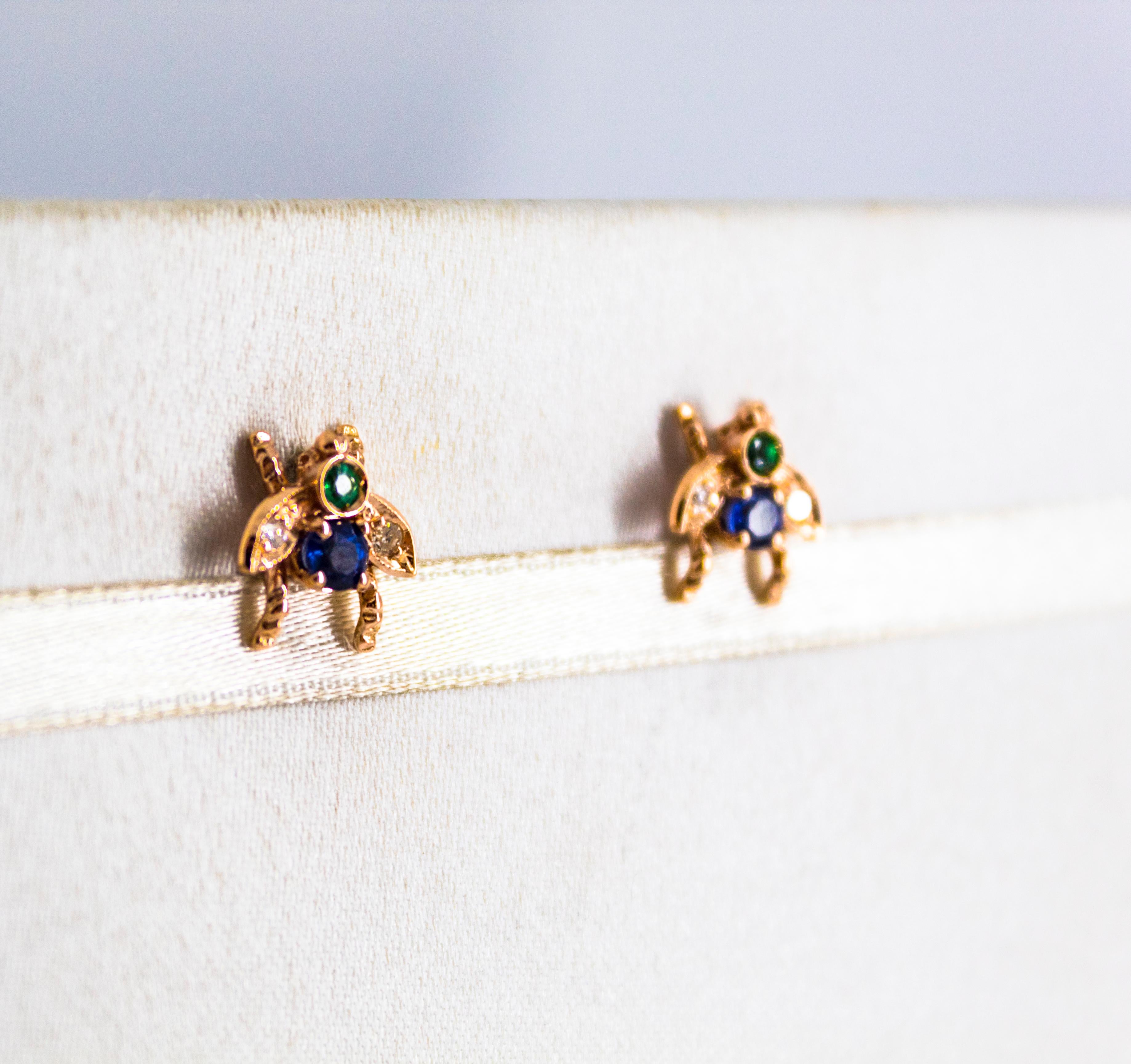 0.30 Carat Emerald Ruby 0.08 Carat White Diamond Yellow Gold Stud Flies Earrings For Sale 5