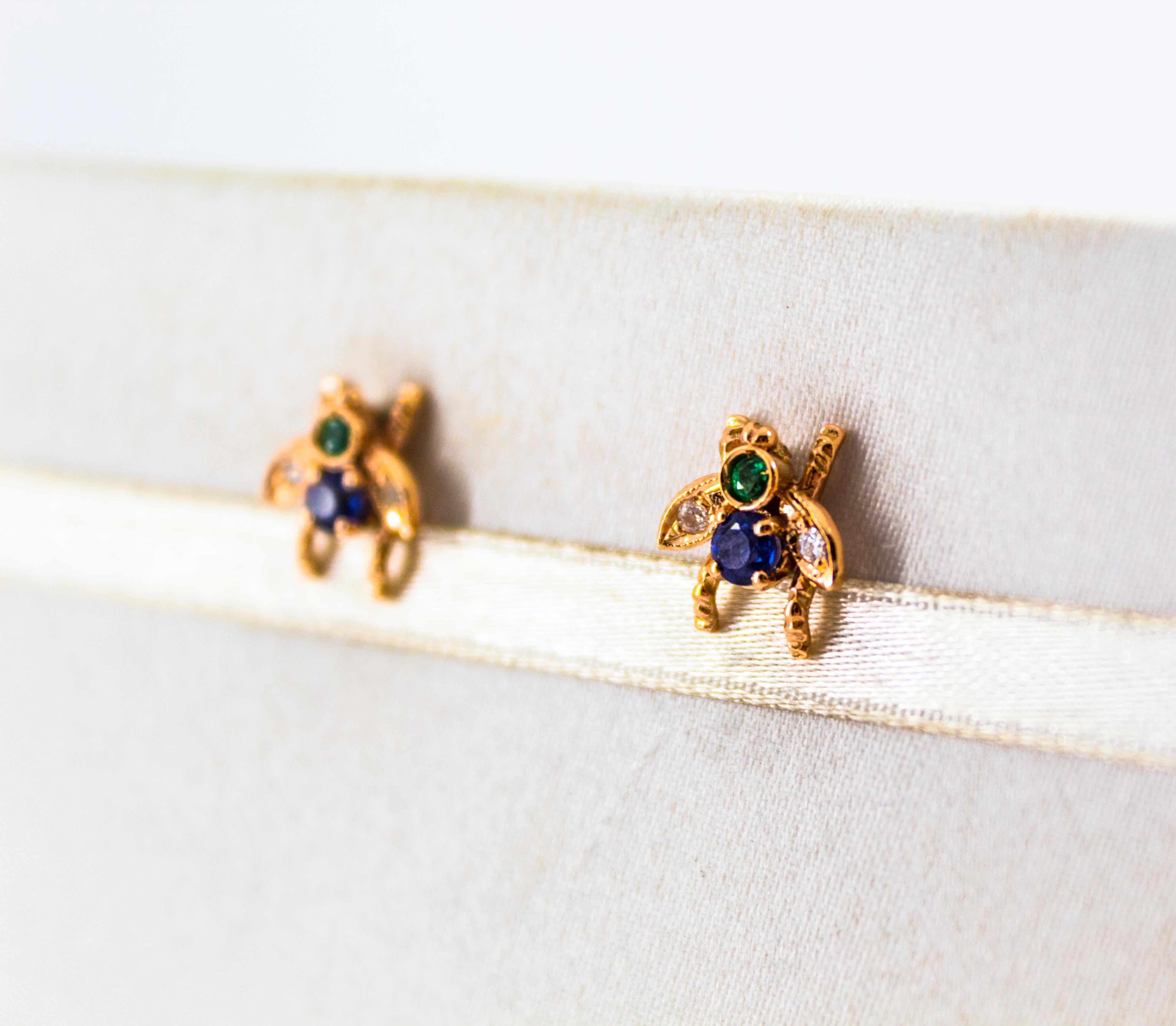 0.30 Carat Emerald Ruby 0.08 Carat White Diamond Yellow Gold Stud Flies Earrings For Sale 7