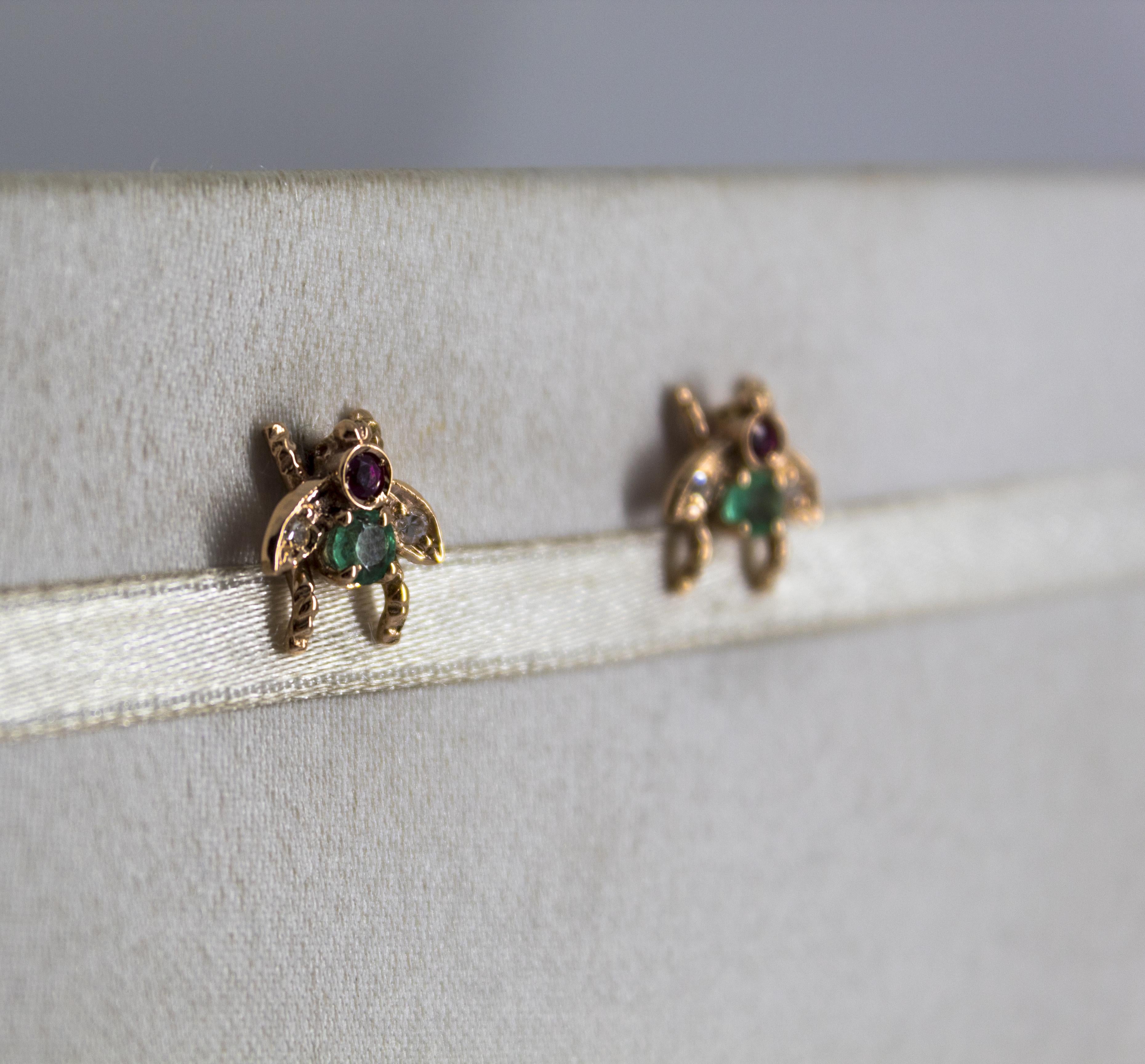 These Stud Earrings are made of 9K Yellow Gold.
These Earrings have 0.08 Carats of White Diamonds.
These Earrings have 0.30 Carats of Emeralds and Rubies.
These Earrings are available also with Blue Sapphires.
We're a workshop so every piece is