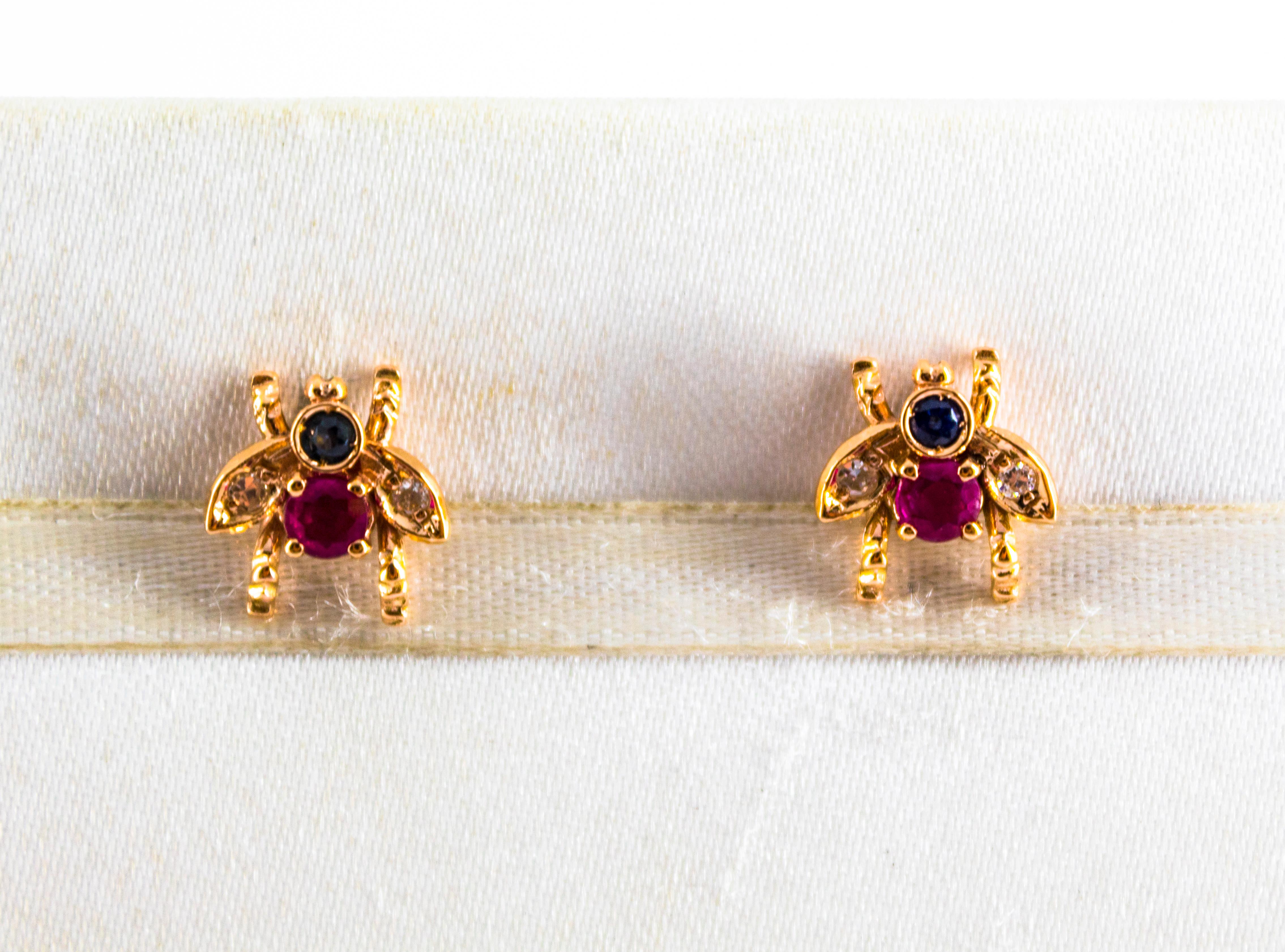 Women's or Men's 0.30 Carat Emerald Ruby 0.08 Carat White Diamond Yellow Gold Stud Flies Earrings