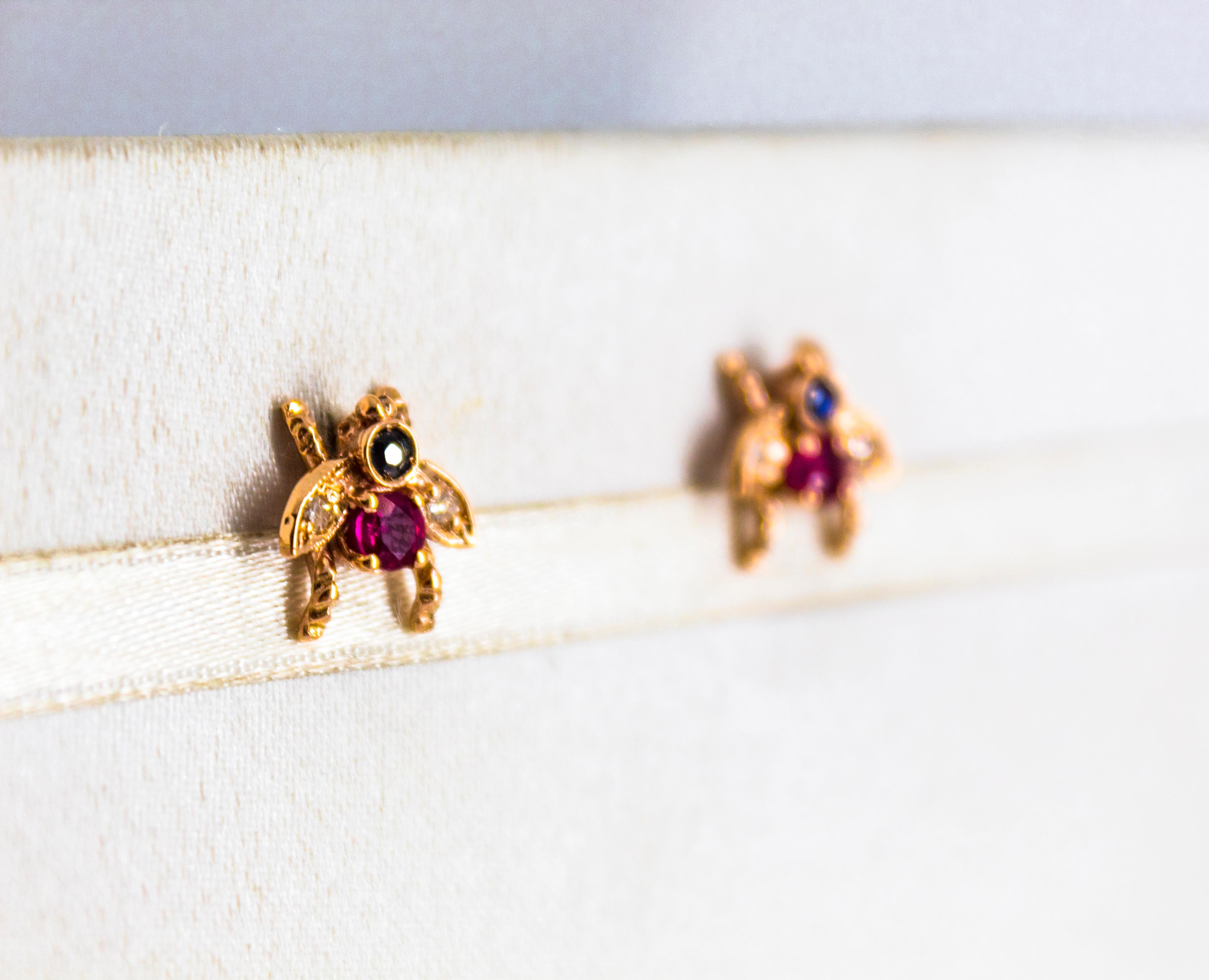 0.30 Carat Emerald Ruby 0.08 Carat White Diamond Yellow Gold Stud Flies Earrings For Sale 1