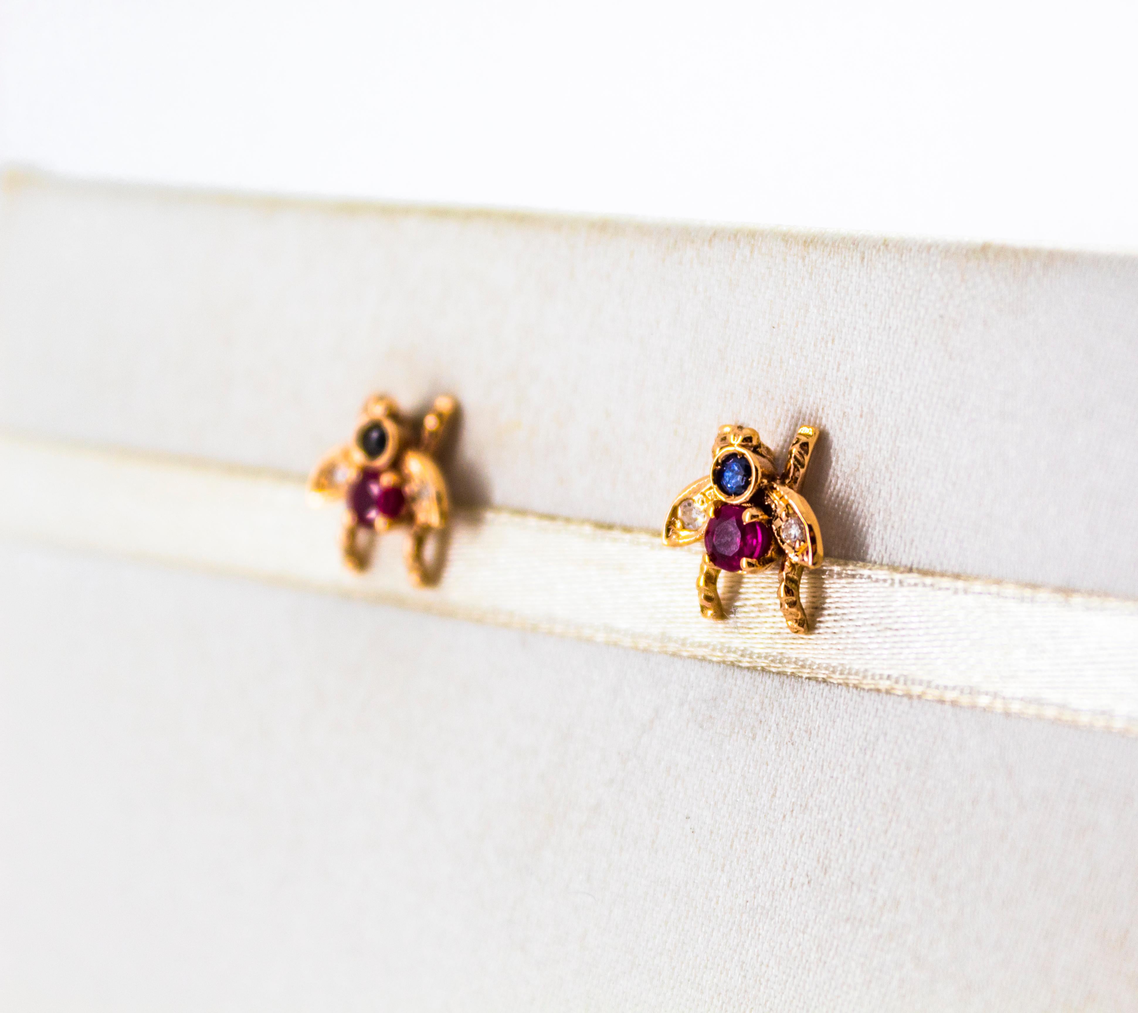 0.30 Carat Emerald Ruby 0.08 Carat White Diamond Yellow Gold Stud Flies Earrings For Sale 2