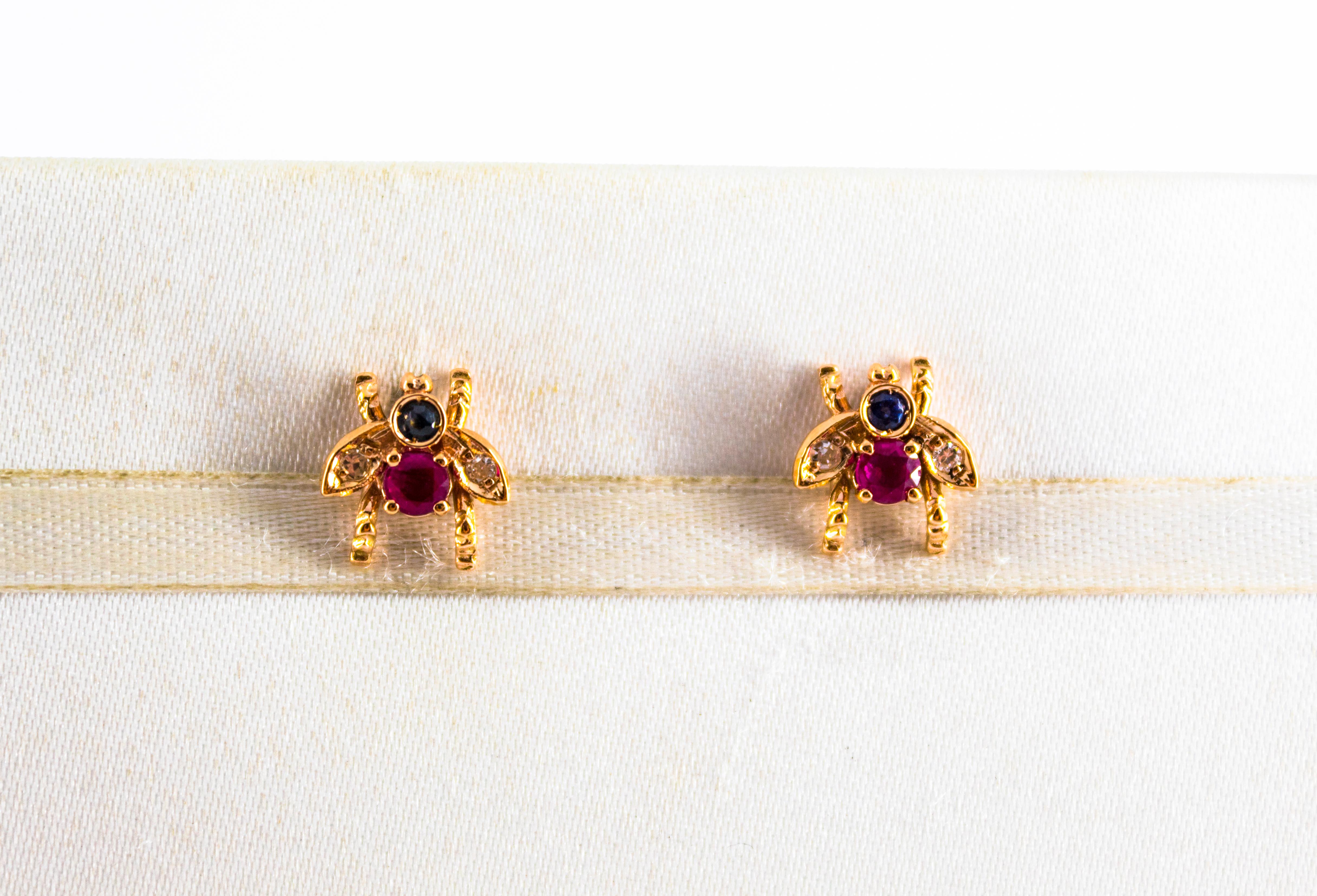0.30 Carat Emerald Ruby 0.08 Carat White Diamond Yellow Gold Stud Flies Earrings For Sale 3
