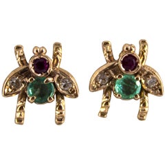 0.30 Carat Emerald Ruby 0.08 Carat White Diamond Yellow Gold Stud Flies Earrings