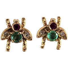 0.30 Carat Emerald Ruby 0.08 Carat White Diamond Yellow Gold Stud Flies Earrings